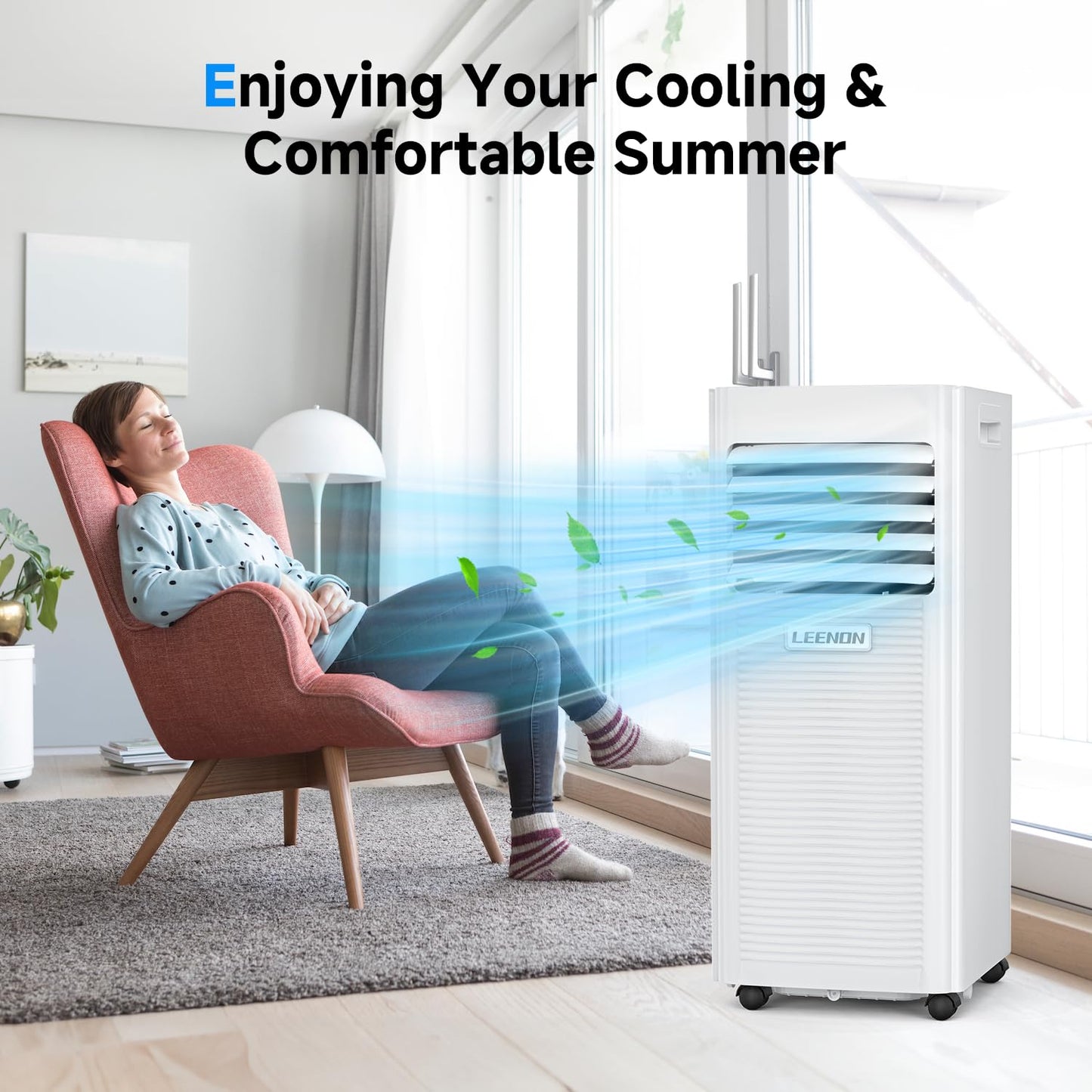 Air conditioner Mobile 9000 BTU, LEENON Mobile air conditioner 4 in 1 Cooling Dehumidifying Fan & Sleep Mode, 2.6KW Portable air conditioner with exhaust hose, Remote control/24h timer for home office up to 35 m².