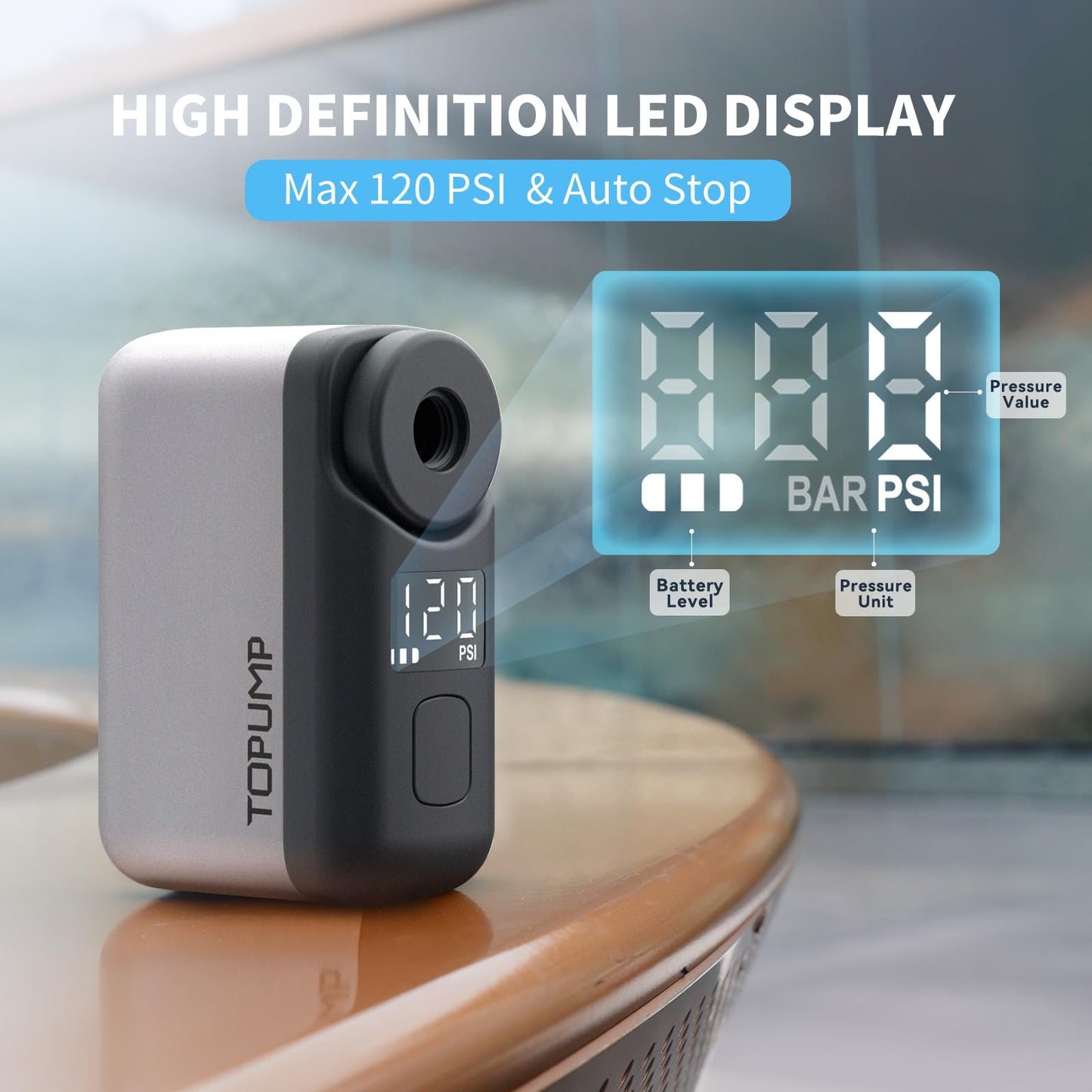 TOPUMP Mini Bike Pump, Electric Bike Air Pump with Gauge, Ultra-small 120PSI Battery Bike Pump with Presta and Schrader Valve, Auto Stop, for Road Bike, Mountain Bike, and City Bike.