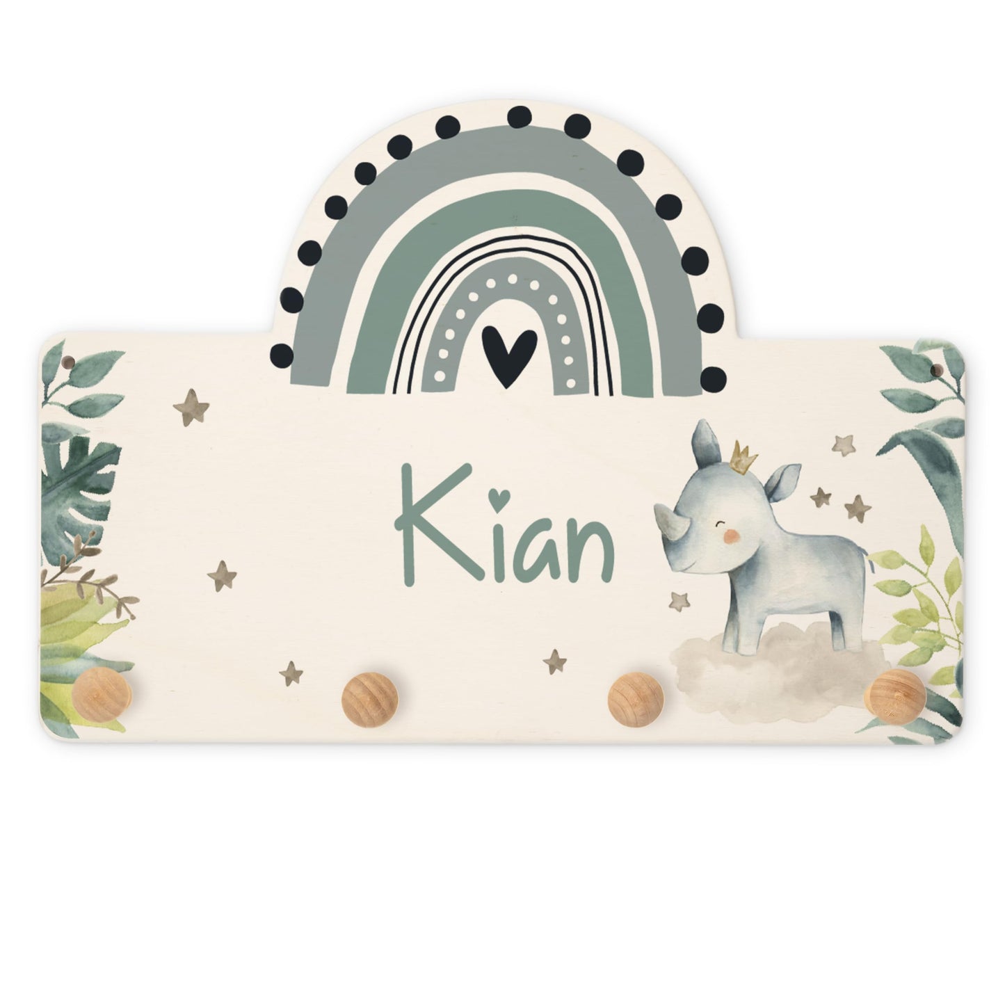 KIDSMOOD personalized wall coat rack with custom name, wooden hooks with cute animal design for nursery, unique coat rack for children's room.