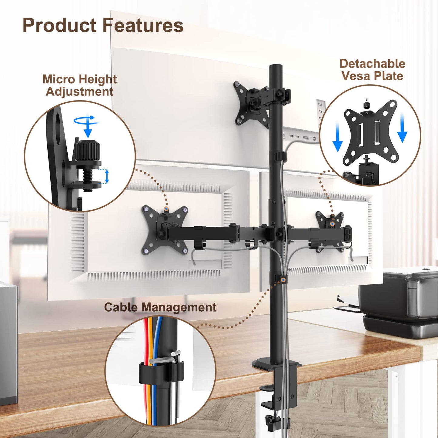 PUTORSEN Triple Monitor Mount for 13-32 inch Flat & Curved Screens, 80cm Pole Desk Mount Swivel Tilt Height Adjustable, 9kg per Arm, VESA 75x75/100x100, Black