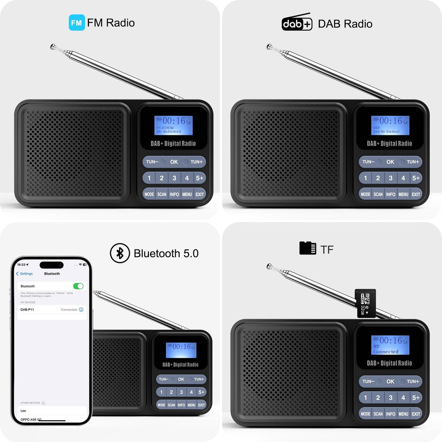 Gallypek portable DAB radio, DAB plus radio FM radio with Bluetooth 5.0 & 80 presets kitchen radio with cable or 2000mAh battery, supports solar & USB charging USB flash drive/TF/AUX connection.