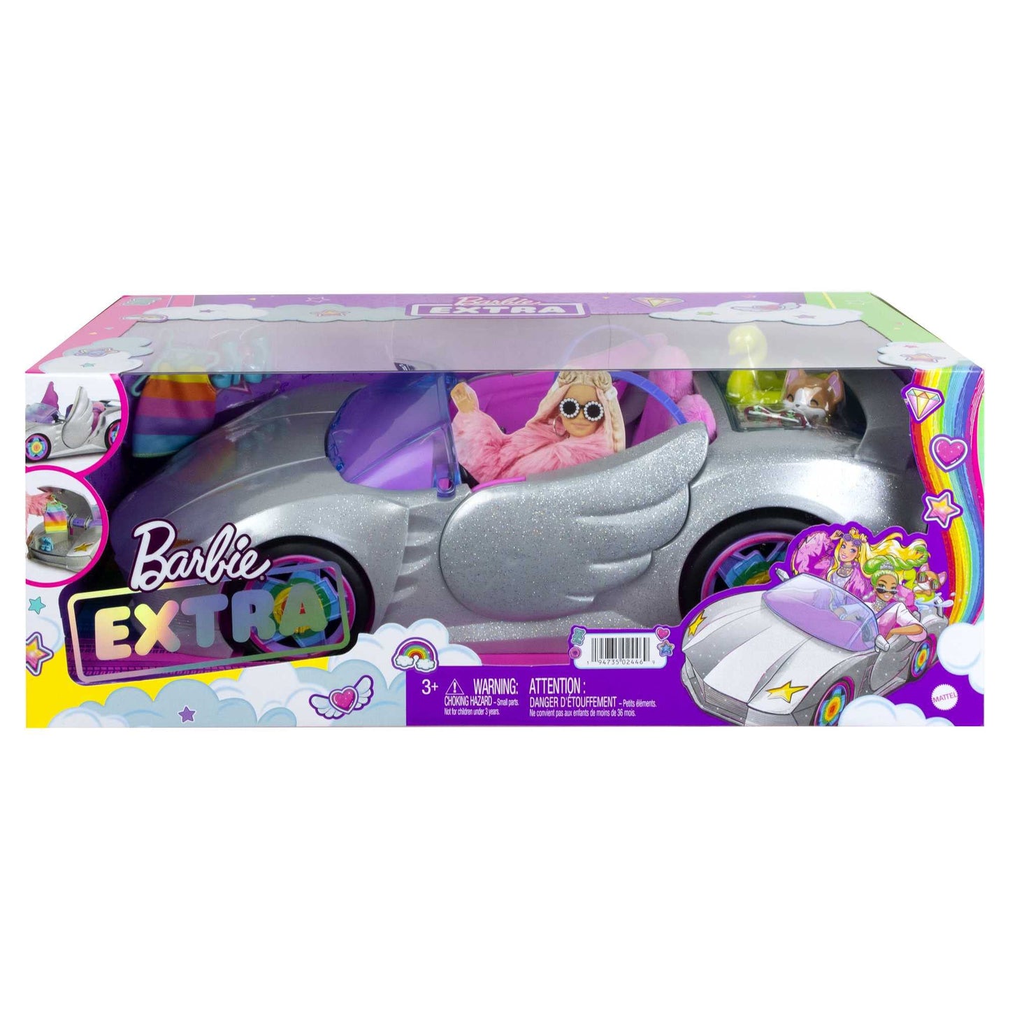 Barbie Extra Convertible Car in silver with moving wheels, includes accessories like clothing and pet, suitable for ages 3 and up. HDJ47.