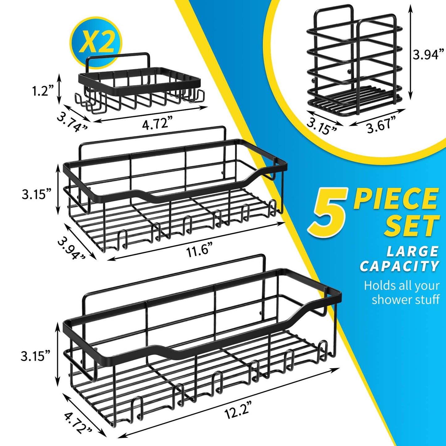 Shower Caddy Without Drilling, 5 Piece Bathroom Organizer, Shower Shelf Without Drilling, Black Bathroom Organizer Rack Made of SUS304 Stainless Steel, Bathroom Shelf Shower Caddy Shampoo Holder for Shower