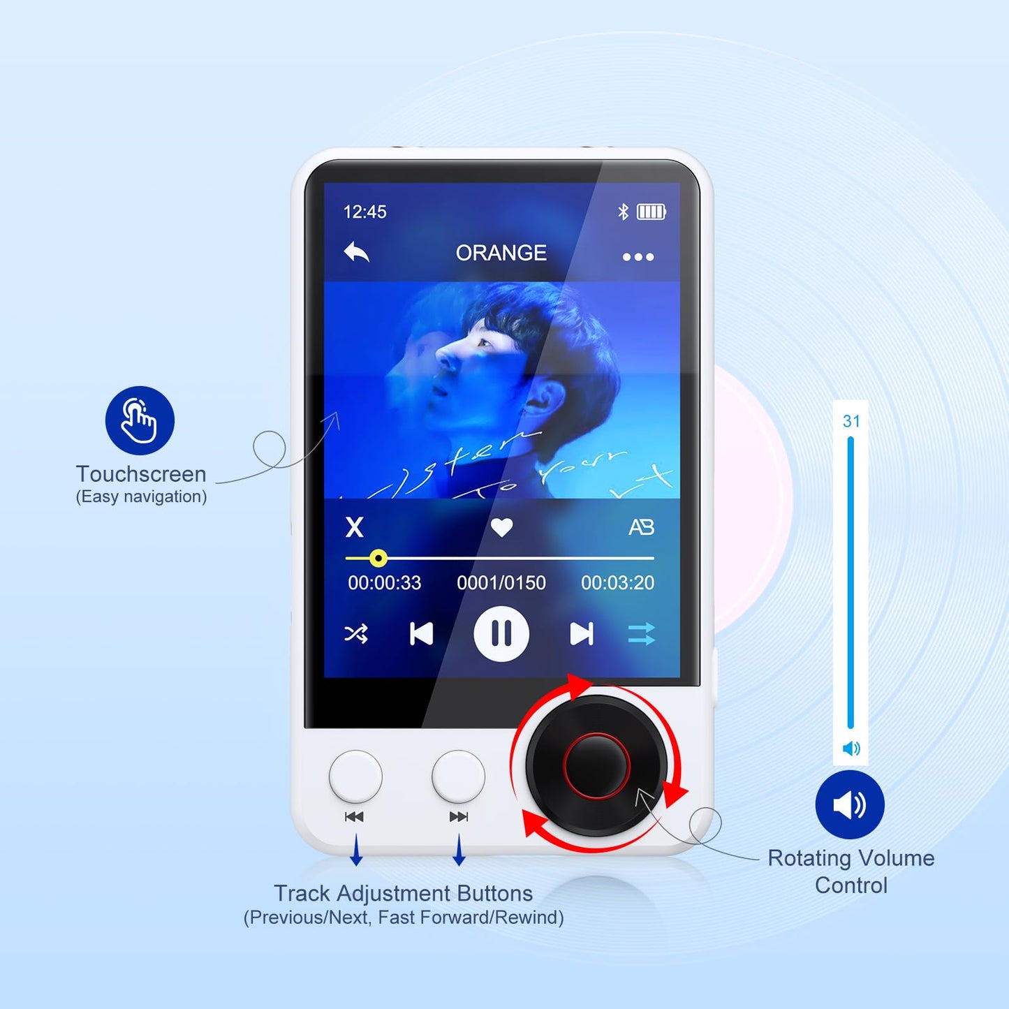 128GB MP3 player with Bluetooth 5.3, 2.4" touchscreen, HiFi digital audio music player with dual headphone jacks, built-in HD speaker, voice recorder, FM radio, supports up to 128GB.