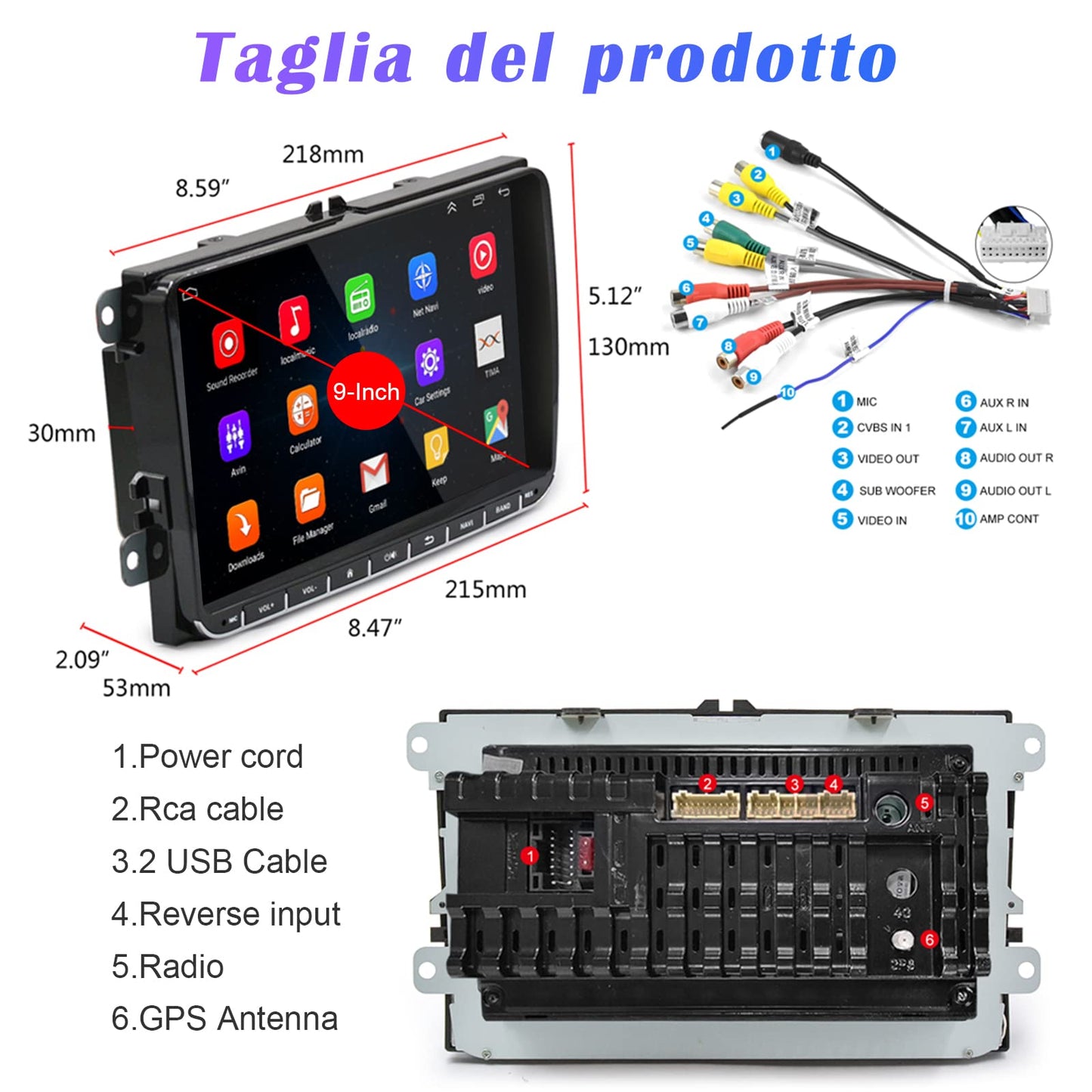 Hikity Android13 car radio with wireless Carplay and navigation for VW Golf 5 6 Passat B6 B7 Jetta Polo Touran Caddy Sharan Seat. 9-inch stereo radio with Bluetooth, WiFi, FM, Android Auto, and rearview camera.