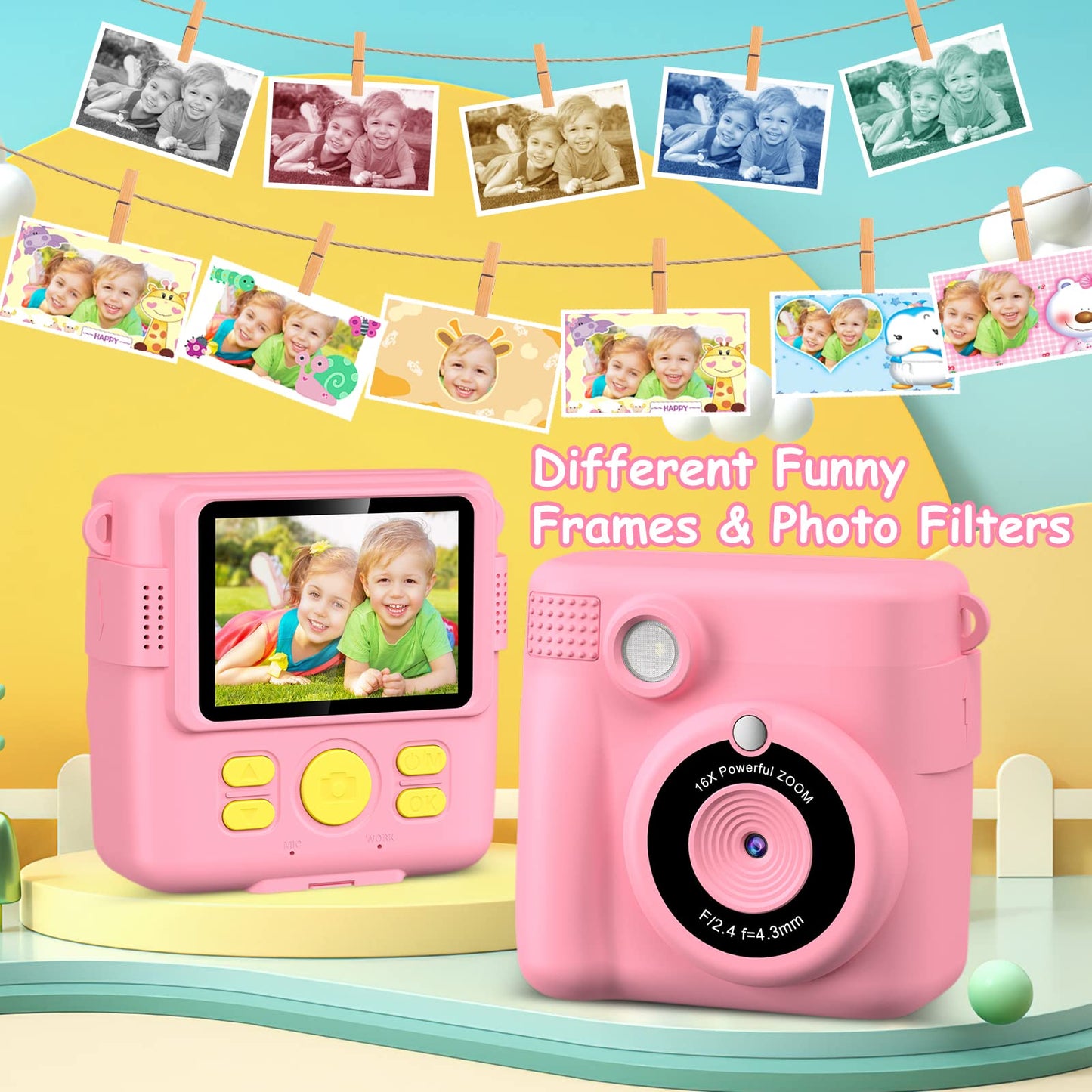 GREENKINDER Kids Camera Instant Camera, 1080P 2.4 Inch Screen Instant Camera for Kids with Printing Paper & 32GB Card, Digital Camera for Kids with Colored Pens Gift for Girls 3-12 Years