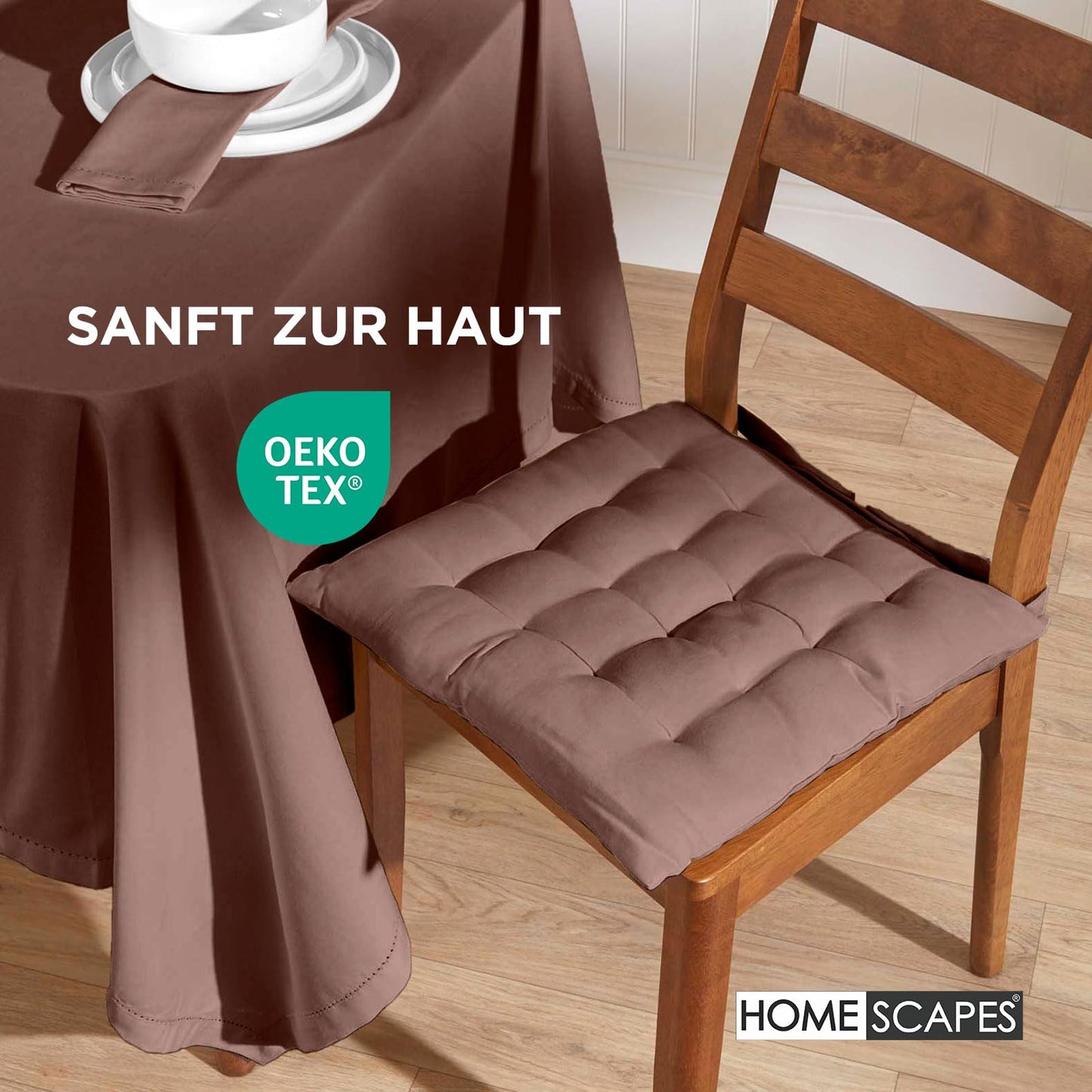 Homescapes 6-piece chair cushion set 40x40 cm brown - seat cushions for outdoor/indoor use with cotton cover, washable seat padding Oeko-TEX certified for dining, kitchen, and garden chairs.