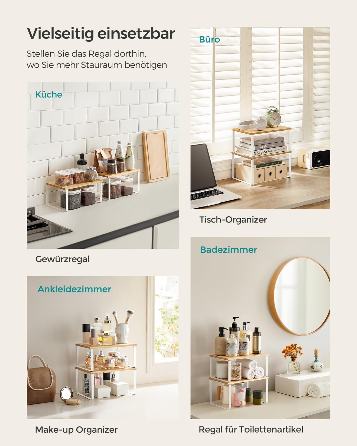 SONGMICS spice rack, set of 2 kitchen organizers, cabinet organizer for kitchen, expandable, small shelf, stackable, made of metal and wood composite, cloud white-natural beige KCS02NW.