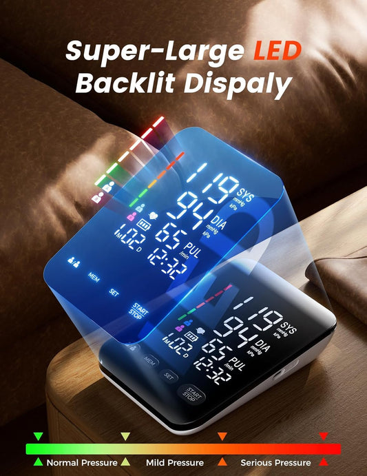 Aidisy Blood Pressure Monitor, Upper Arm Blood Pressure Monitor with High-Resolution LED Display, for Upper Arm Circumferences of 22-42 CM, Memory for Two Users 2 x 199, AA Battery/Type-C Charging Cable