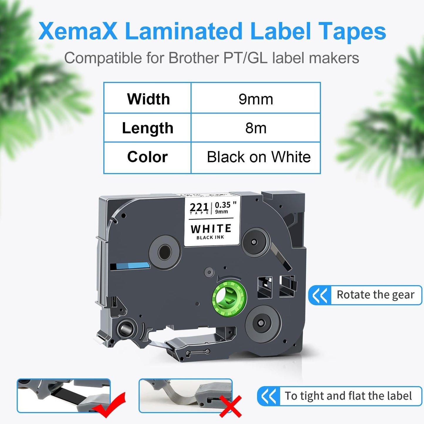 8x XemaX label tape Compatible for Brother P-touch tapes 9mm TZe-221 TZ-221 font tapes Black on white label cassette for Brother P-Touch PT-1010 E110 H100R H110 H101C H108 E100 H100LB
