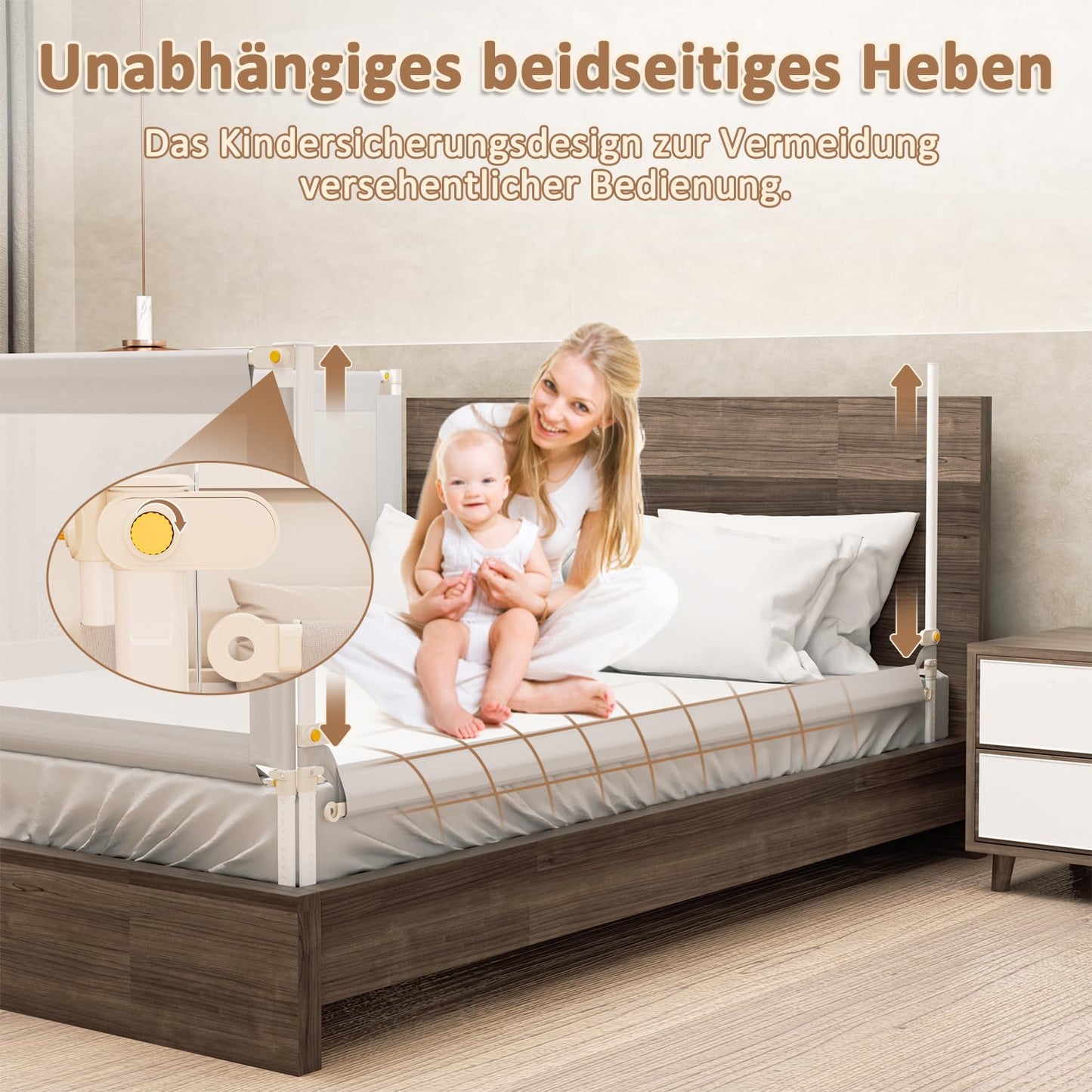 Daromigo 180 cm bed rail, foldable bed guardrail, adjustable height 68-95cm, baby bed guardrail for parents' beds and children's beds.