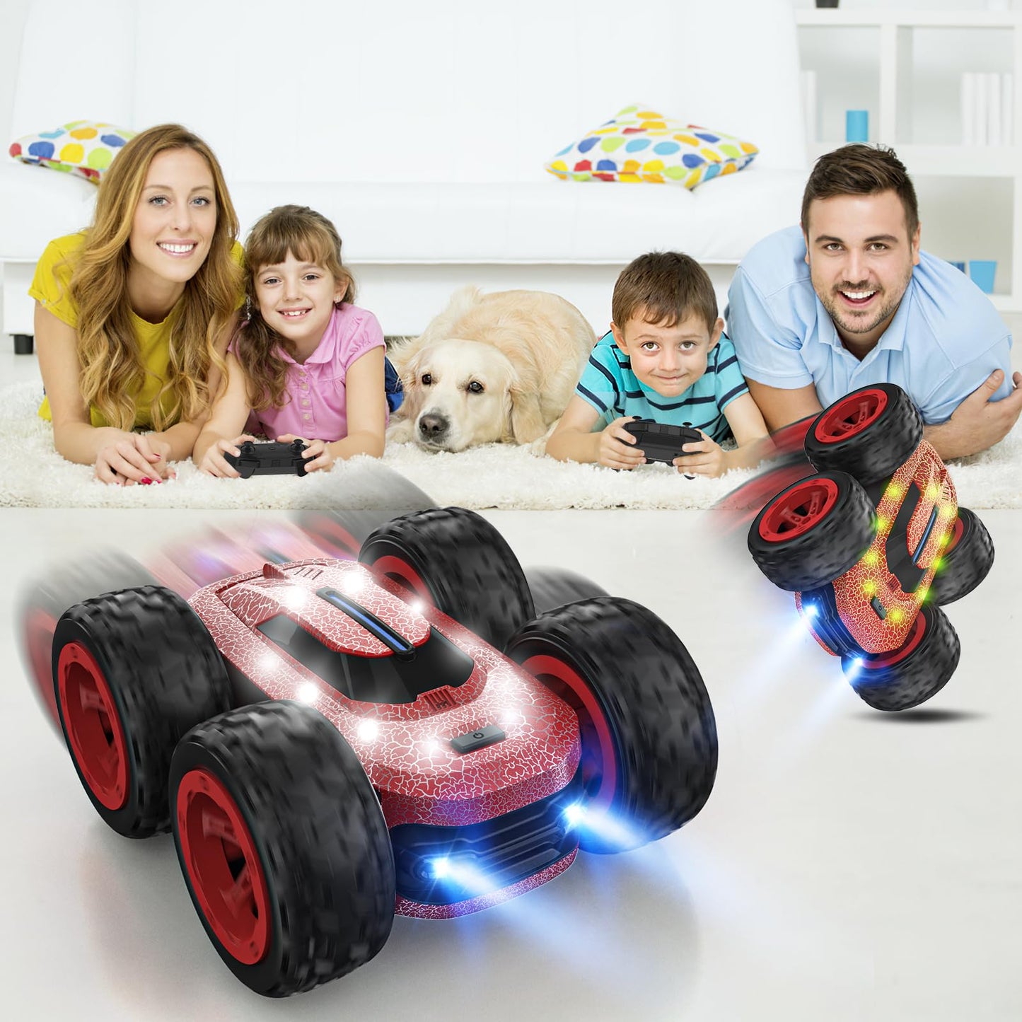 Remote control car for kids aged 3-12 years. 4WD RC car with 2.4Ghz frequency, 360° LED lights, stunt drift capabilities. Perfect toy for indoor/outdoor play, great for Christmas or birthday gifts for boys and girls.