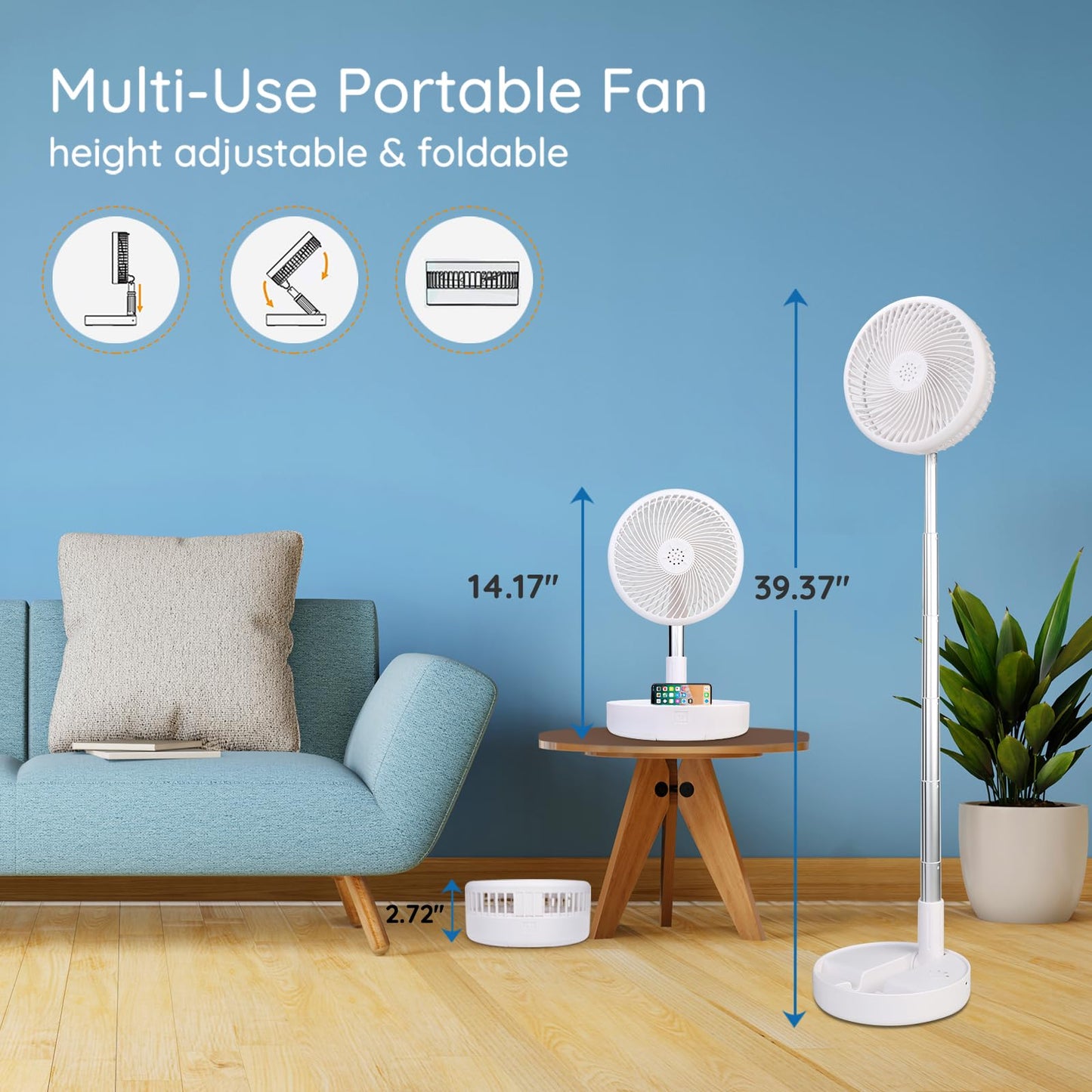 Primevolve Fan with Remote Control, 7200mAh Battery USB Stand Fan Foldable Portable for Outdoor Travel Camping, Quiet Desk Fan for Bedroom Office- White-7.7"