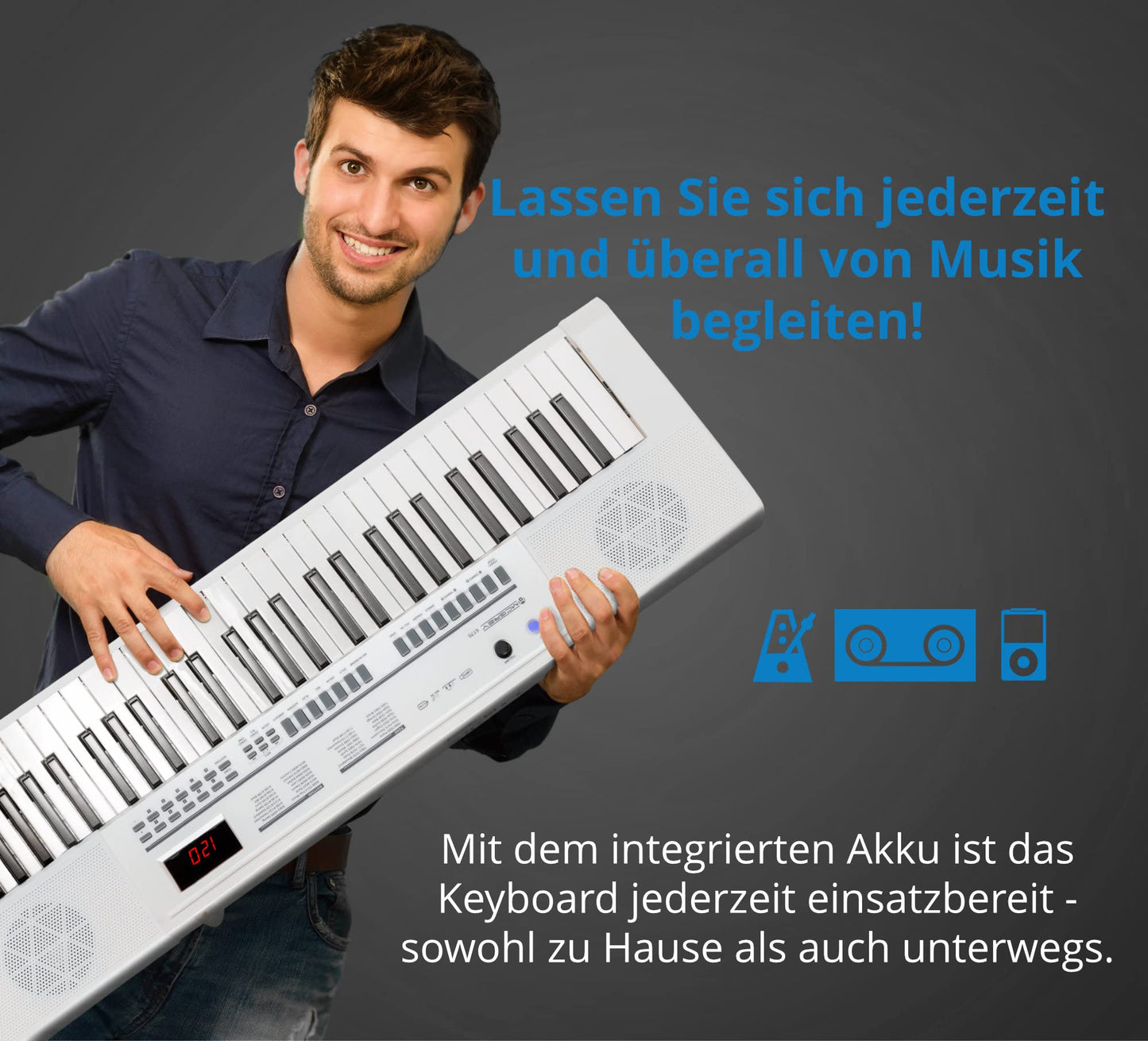McGrey 6170 WH Battery Keyboard - 61 keys keyboard with built-in battery - 200 sounds and rhythms - MP3 player via USB stick - Accompaniment and learning function - Includes microphone - White