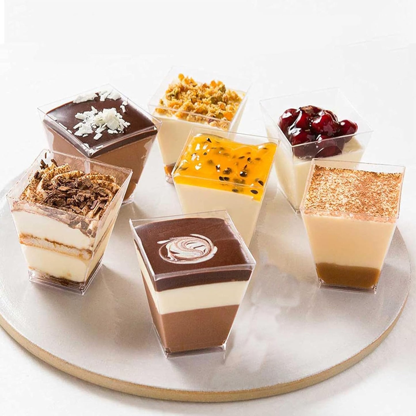 50 pieces of dessert cups with 50 spoons, 8 OZ/240ML clear dessert bowls. Reusable square and trapezoid dessert cups for home, desserts, pudding, mousse, ice cream, and parties.