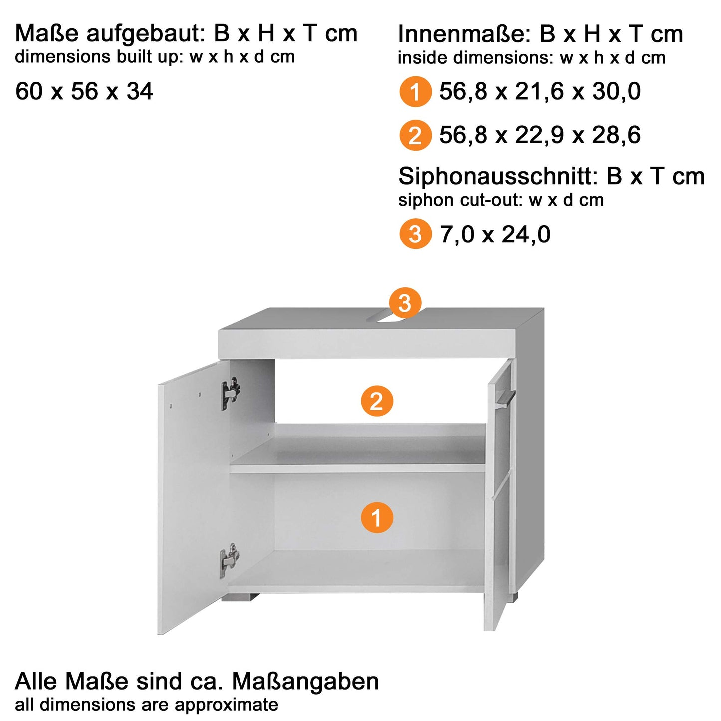 trendteam smart living - Amanda - Bathroom Vanity Cabinet - White/High Gloss White Oak - 1 Shelf - (WxHxD) 60 x 56 x 34 cm - Scratch-resistant