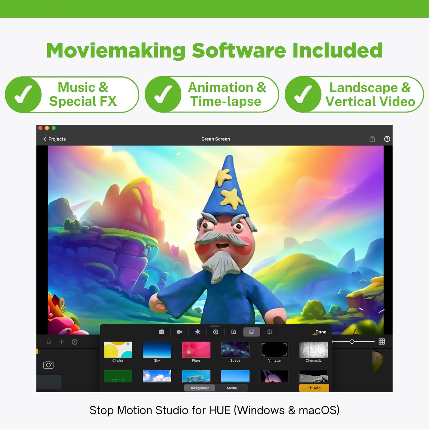 HUE Animation Studio: Complete Set Stop Motion Animation for Windows/macOS (Green Camera with Carrying Case)