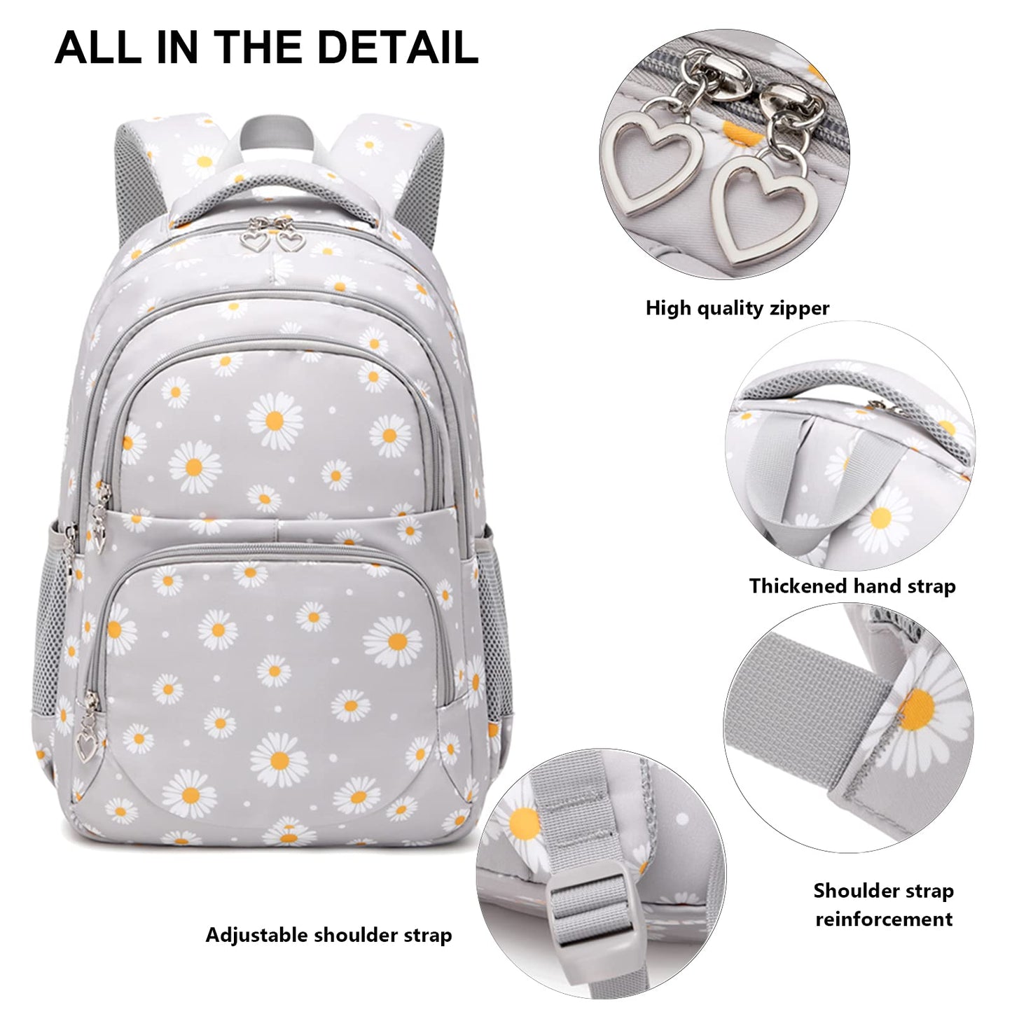 SIVENKE school backpack for girls, teenagers, and women. Daisy design set includes backpack, lunch bag, and pencil case for school and leisure.