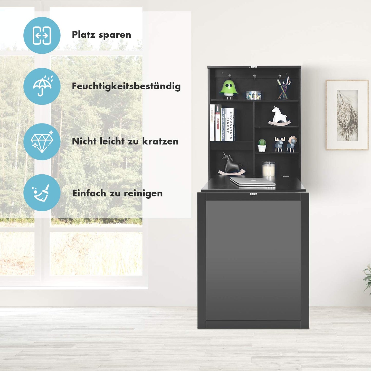 RELAX4LIFE Wall-Mounted Folding Table, Foldable Desk with Chalkboard & 6 Compartments, Multifunctional Fold-down Table, Wooden Wall-Mounted Table, Dining Table, Desk for Dining Room & Living Room & Kitchen (Black)