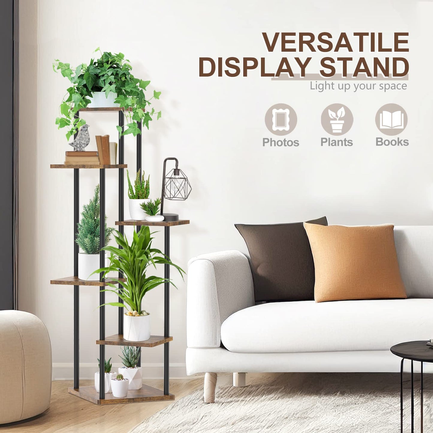 LyTaispuly 6 tier Plant Stand Flower Stand Outdoor, 115cm Metal Wood Flower Pot Stand Flower Ladder Flower Rack, Plant Stand for Outdoor Balcony Garden Living Room, Black