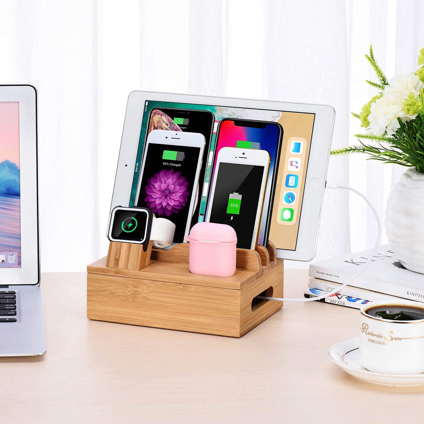 SETROVIC Bamboo Charging Station Docking Holder, Desktop Organizer for multiple device docks. Compatible with accessories for phone/tablet/Apple Watch/AirPods.