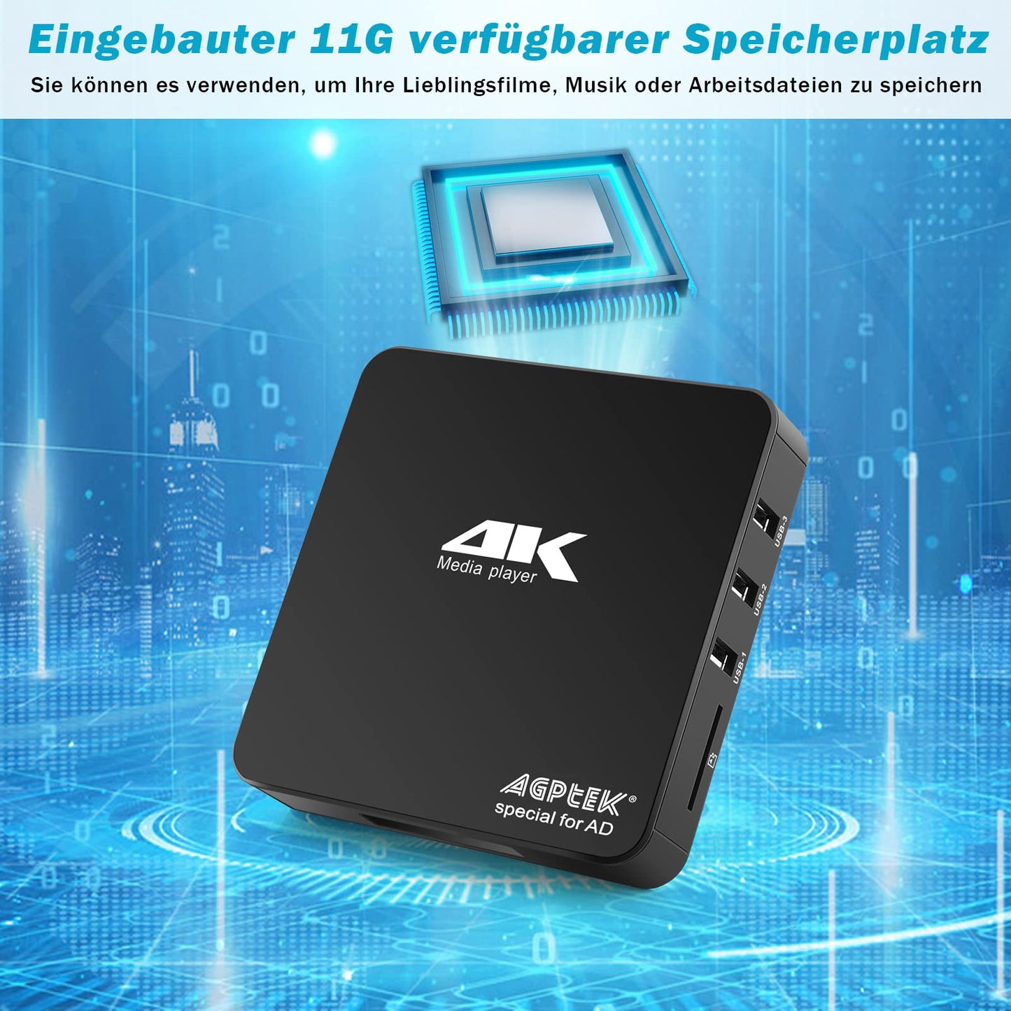 AGPTEK 4K@60hz MP4 Media Player supports 8TB HDD/256G USB Drive/SD Card with HDMI/AV Output for HDTV/PPT MKV AVI MP4 H.265. Features include ad insertion, subtitles/timing, and keyboard control.