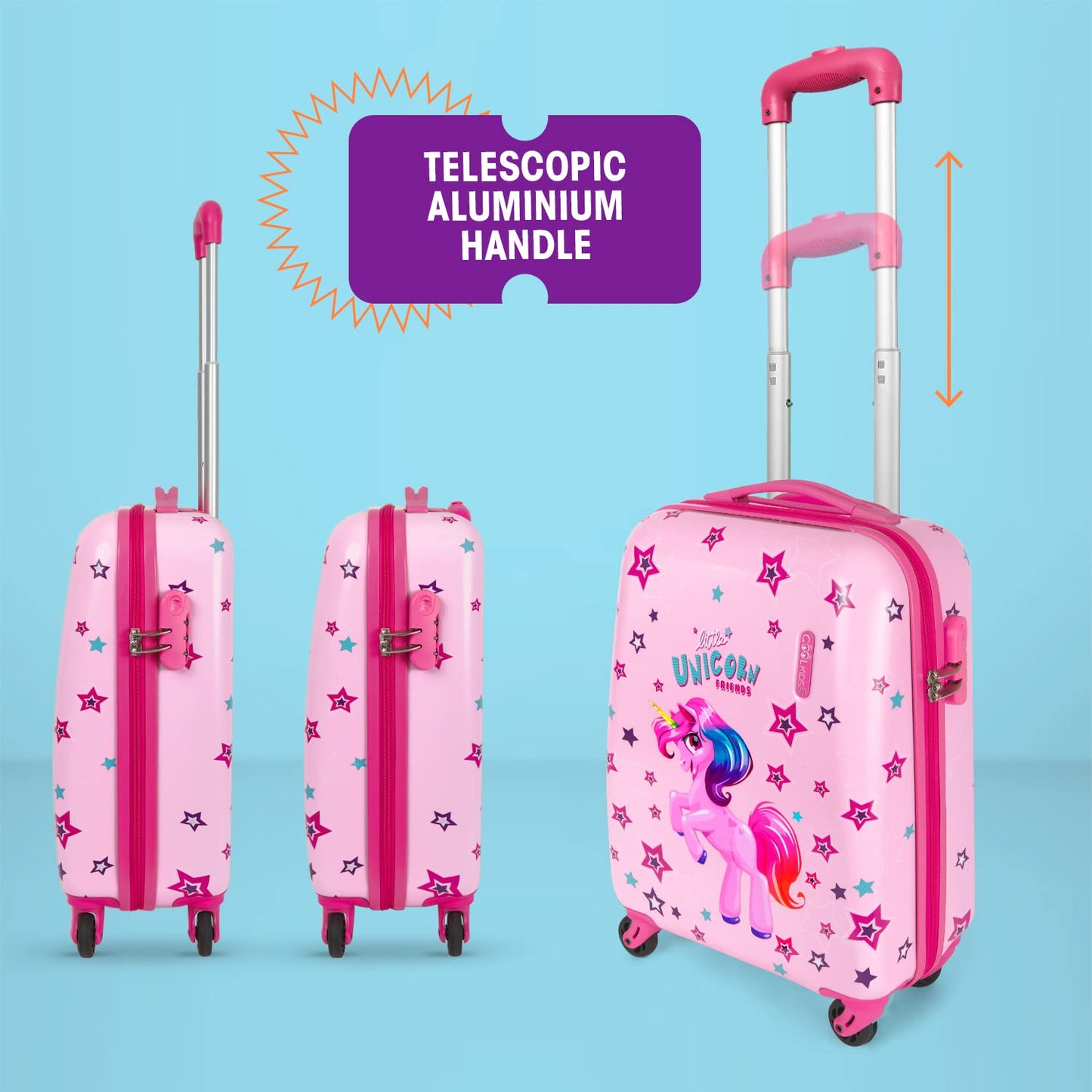 PERLETTI Unicorn Kids Suitcase Pink - Kids Trolley Carry-On Lightweight 4 Wheels and Combination Lock - Hard Shell Cabin Trolley for Girls - Travel Luggage Lufthansa Ryanair 51x35x20 cm (Unicorn Pink, XS)
