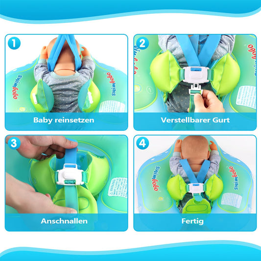 Baby swim ring with detachable sunshade & safety belt - non-toxic swim aid for 3-48 months old - Includes air pump & anti-slip seat (Blue, L)