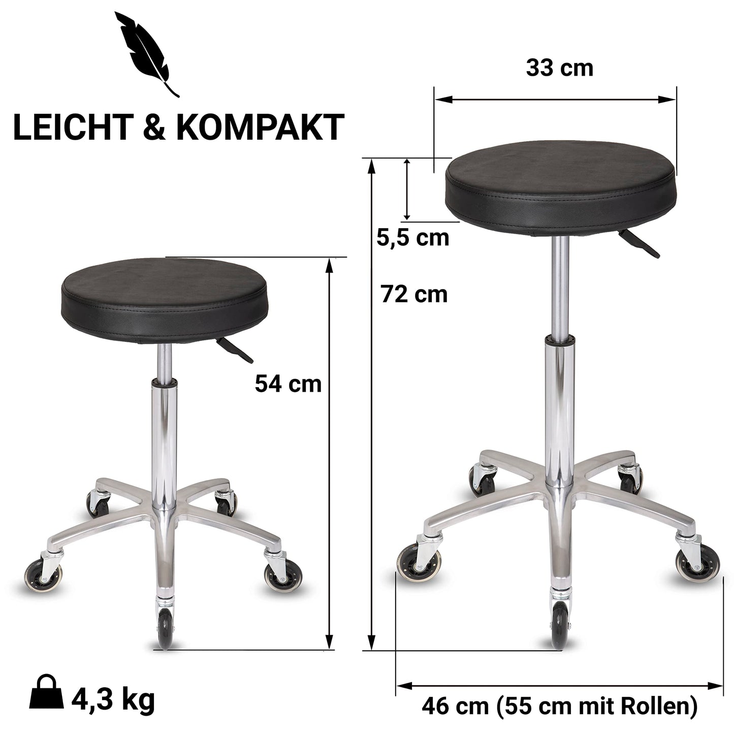 Staboos rolling stool up to 160 kg - gel cushion seat round - practice stool (premium castors) swivel stool height adjustable (55 cm to 75 cm) round stool