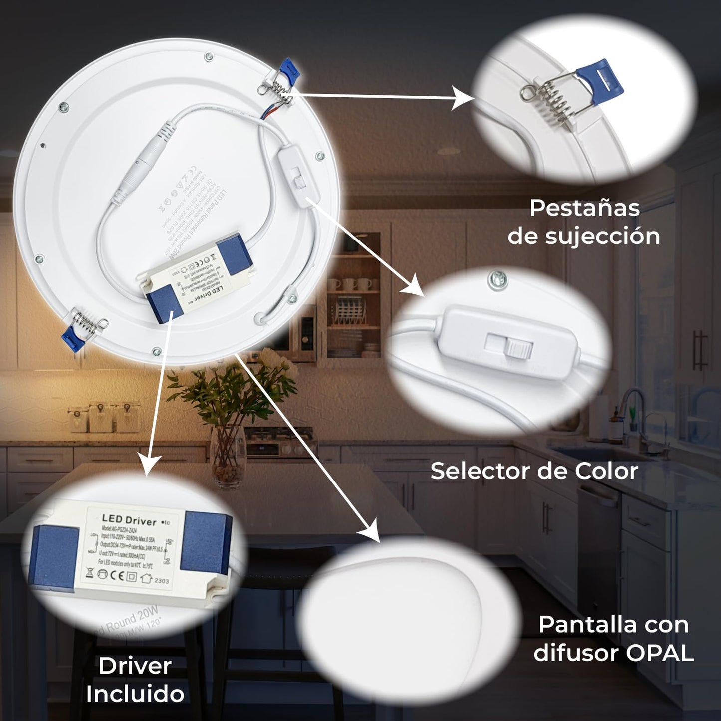 LED ATOMANT Pack of 10 LED Recessed Downlights Round Flat 220mm 20W, CCT (color temperature switch warm white, neutral white, or cool white), Diameter 200mm, 1800 lumens, Includes driver.