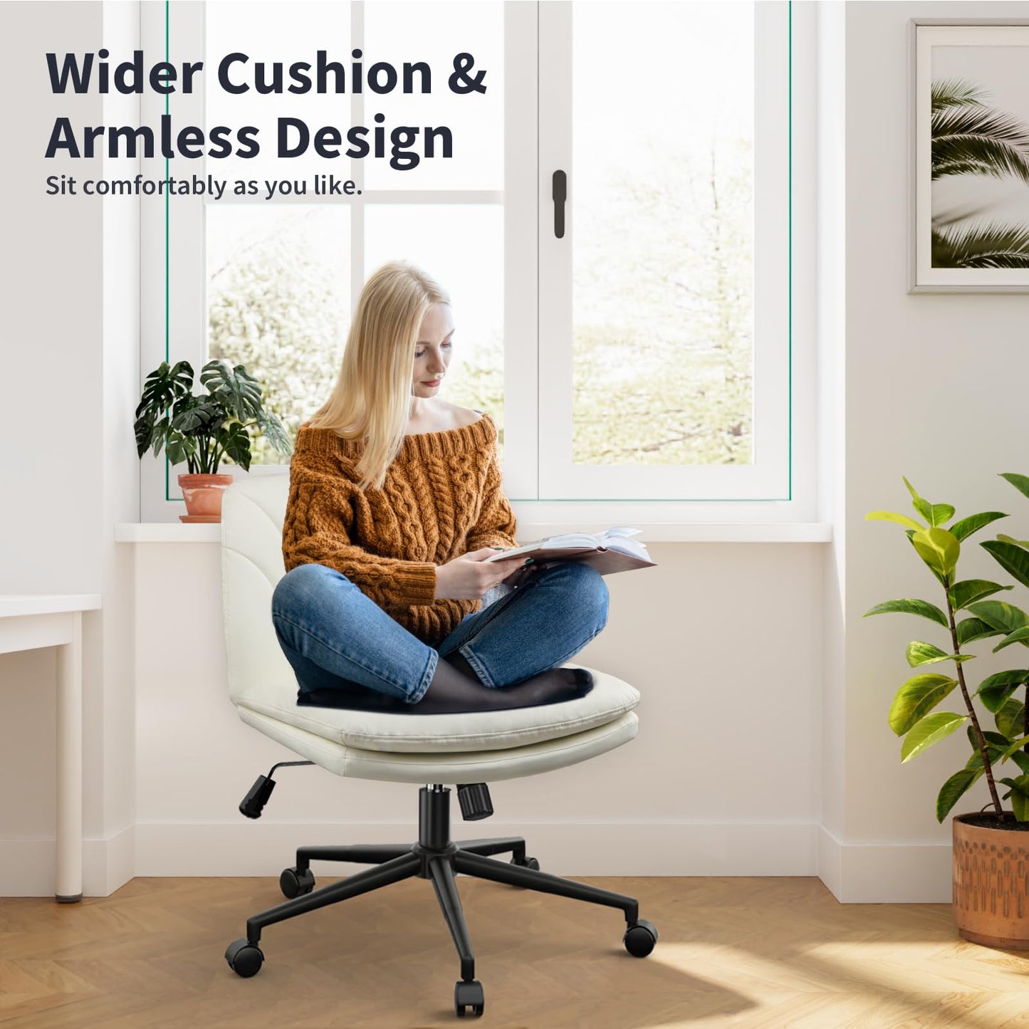 Naspaluro Office Chair Without Armrests, Desk Chair with PU Leather, Reading Chair with Wider Cushion for Cross-Legged Sitting, Rocking Function, Height Adjustable, 360° Swivel Chair for Home, Cream Color