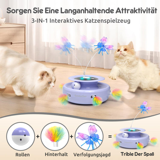GoldenSun 3 in 1 Interactive Cat Toy, Electric Automatic Cat Toy, Whack-A-Mole, Fluttering Butterfly, includes Ball, USB Rechargeable Cat Teaser with 6 Attachments.