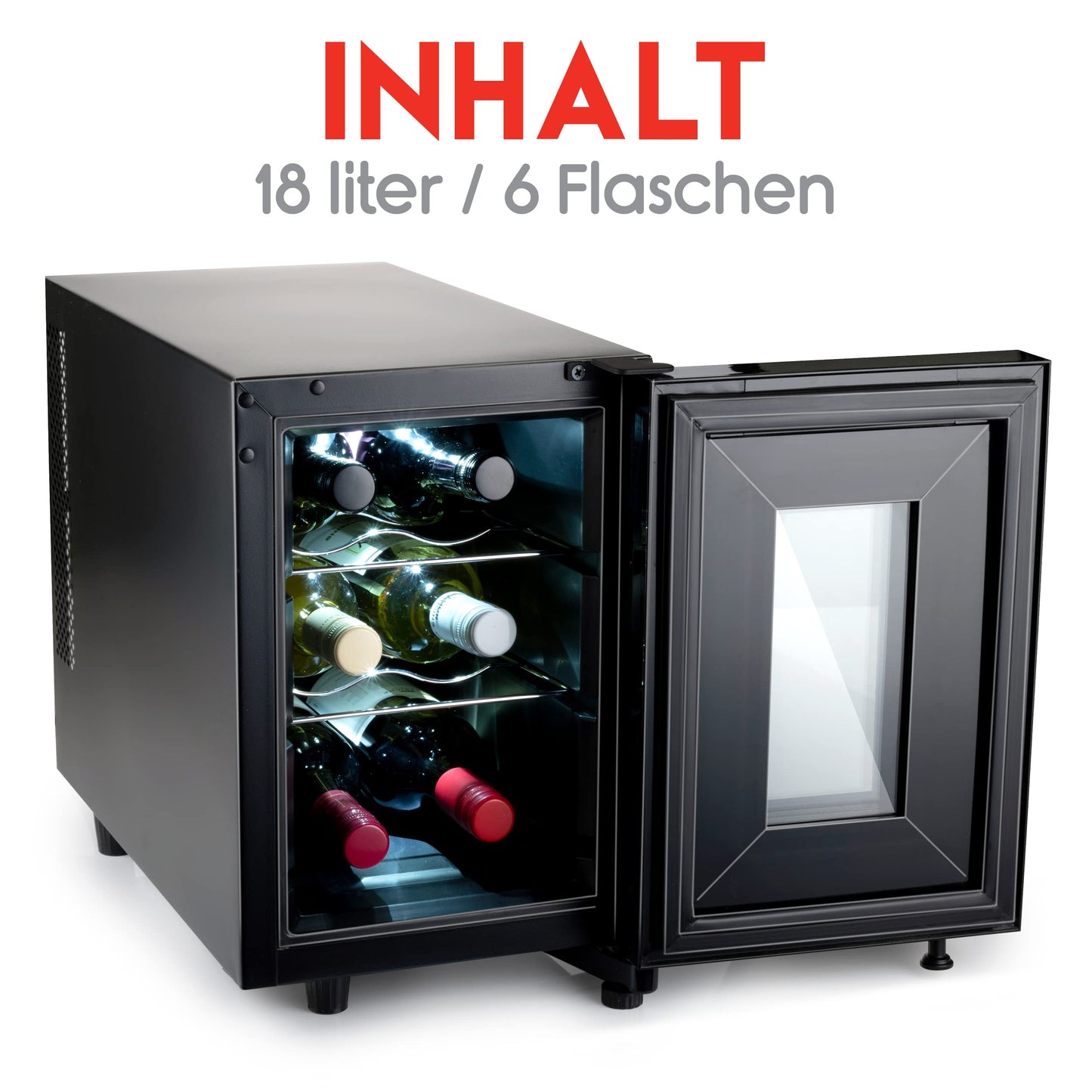 Alpina Wine Cooler 18L - Cooler for 6 bottles - Bottle chiller 230V - Temperature adjustable from 11°C to 18°C - Glass door and interior lighting - Low noise to silent operation - Black