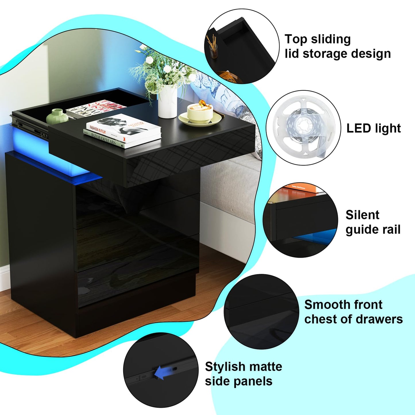 Lvhcmfohm Black Nightstand with LED Light, Bedside Table with 3 Drawers and 16 Color Illumination (45x35x61cm)