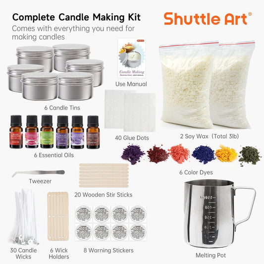 Shuttle Art DIY Candle Making Set with 3lbs Soy Wax, Melting Pot, Fragrance Oil, Wicks, Candle Tins, Dyes, Candle Wick Holder, Candle Making Kit, DIY Scented Candles.