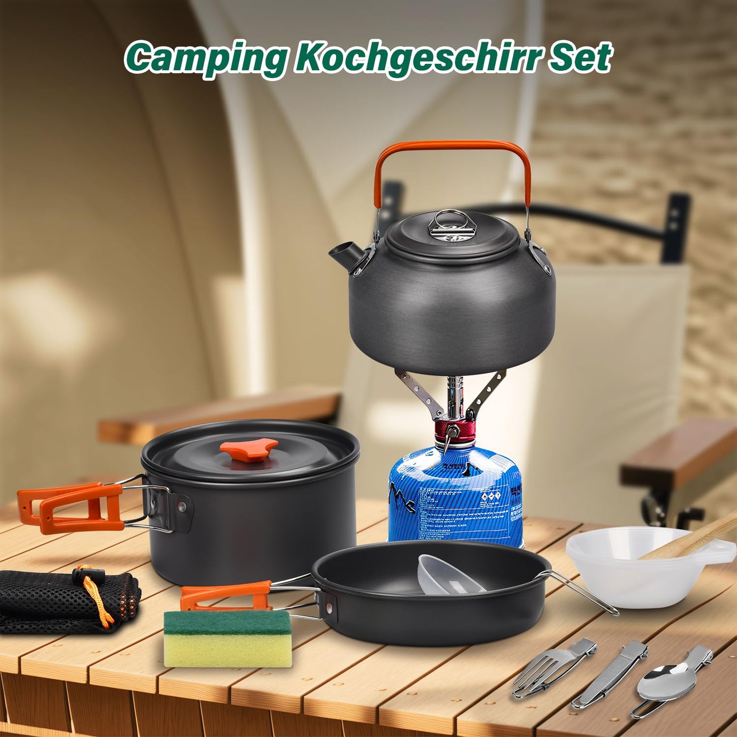 Onherm 13-Piece Camping Cookware Set, Foldable Outdoor Dinnerware Set with Camping Pot, Camping Pan, and Teapot for Hiking Outdoor Cooking Picnic 1-4 Person