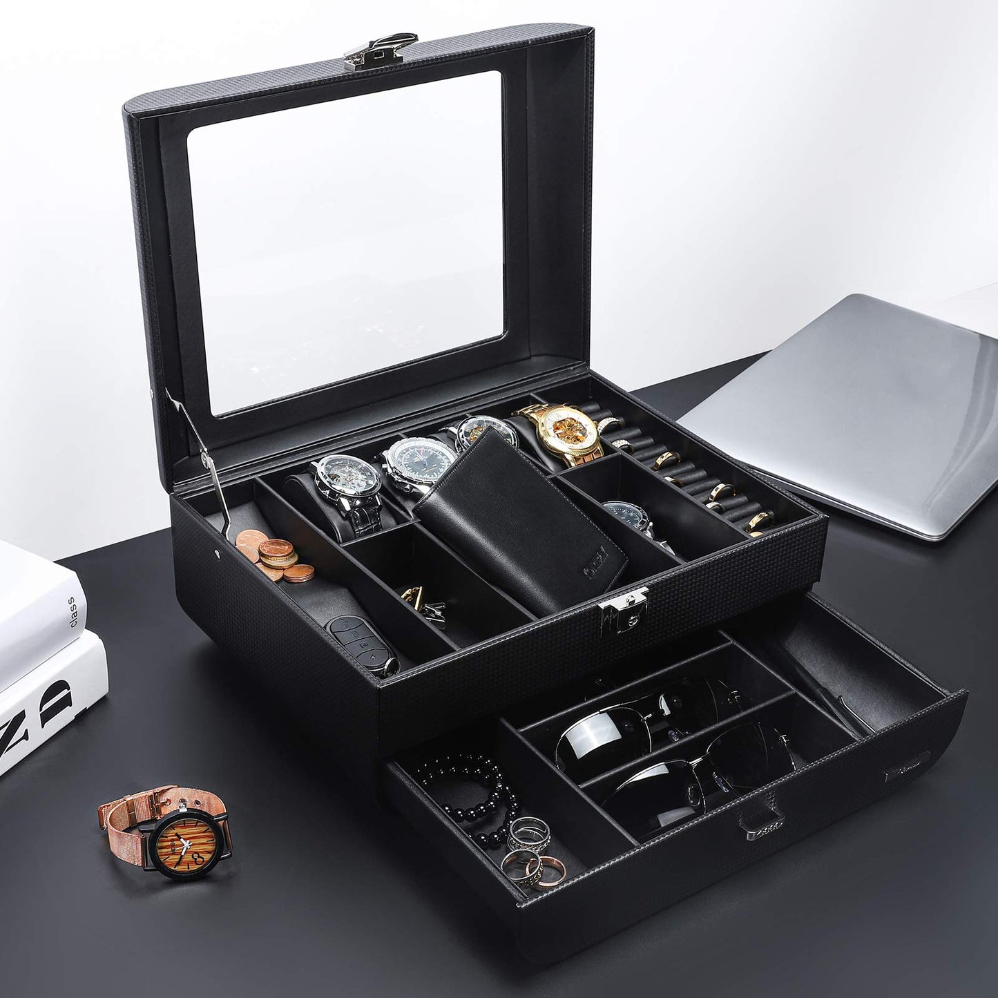 Seelux watch box for men with glass lid, lockable jewelry case for watches, rings, brooches, glasses. Gift for men, husband, boyfriend. Black.