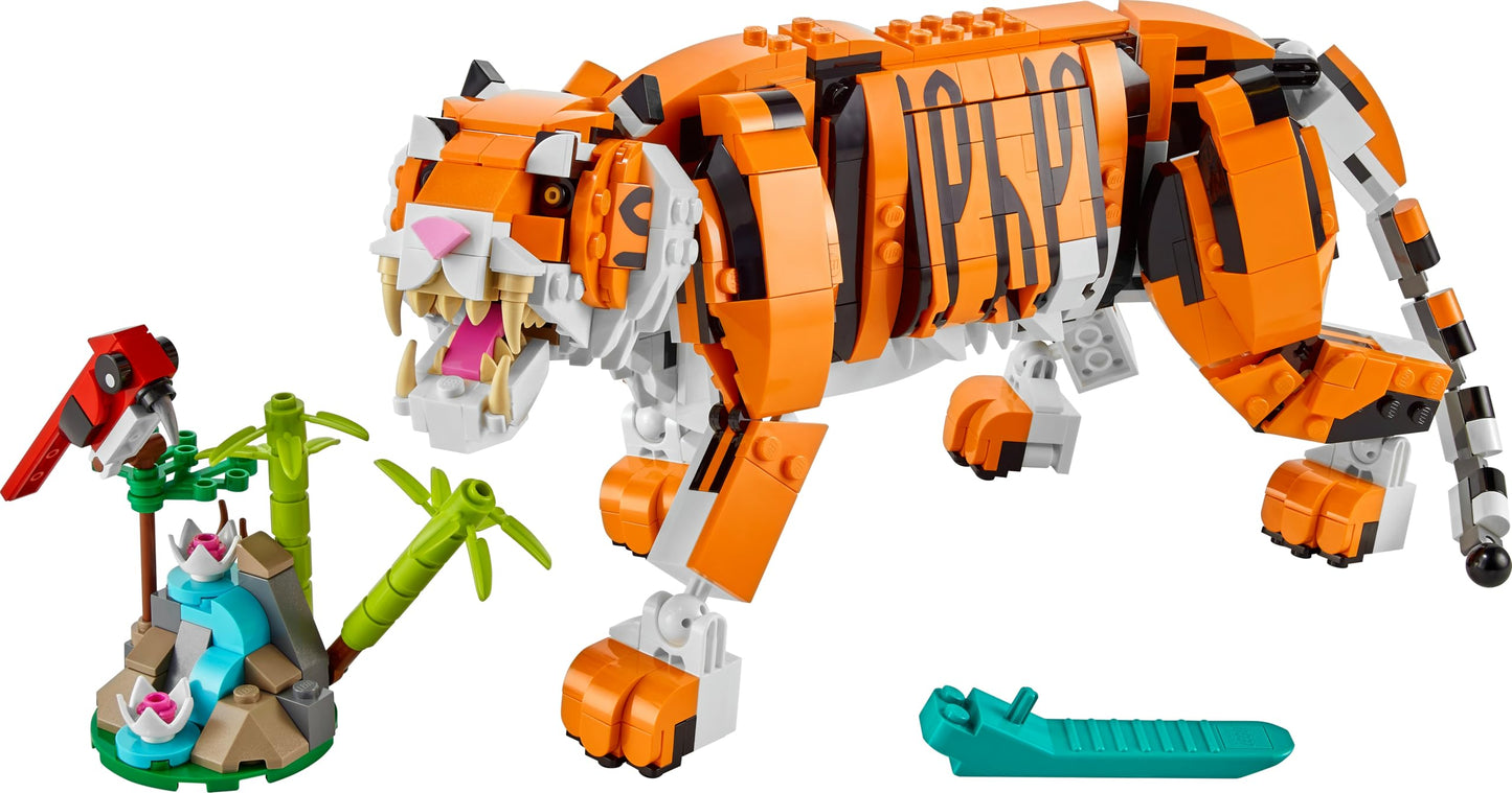 LEGO 31129 Creator Majestic Tiger, Panda, or Fish, 3-in-1 animal figure set, toy for kids, boys and girls, animal construction toy.