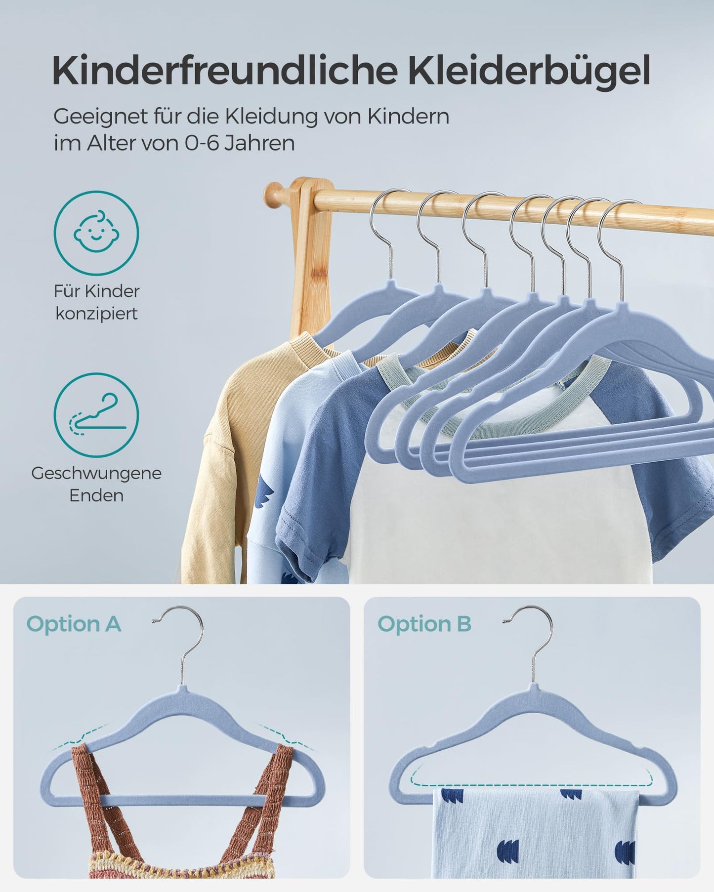 SONGMICS Children's Hangers, Set of 50 Kids Hangers, Baby Hangers, Velvet Hangers, 360° Rotating Hook in Silver, Space-saving, Non-slip, for Wardrobe, Pale Blue CRF027Q05
