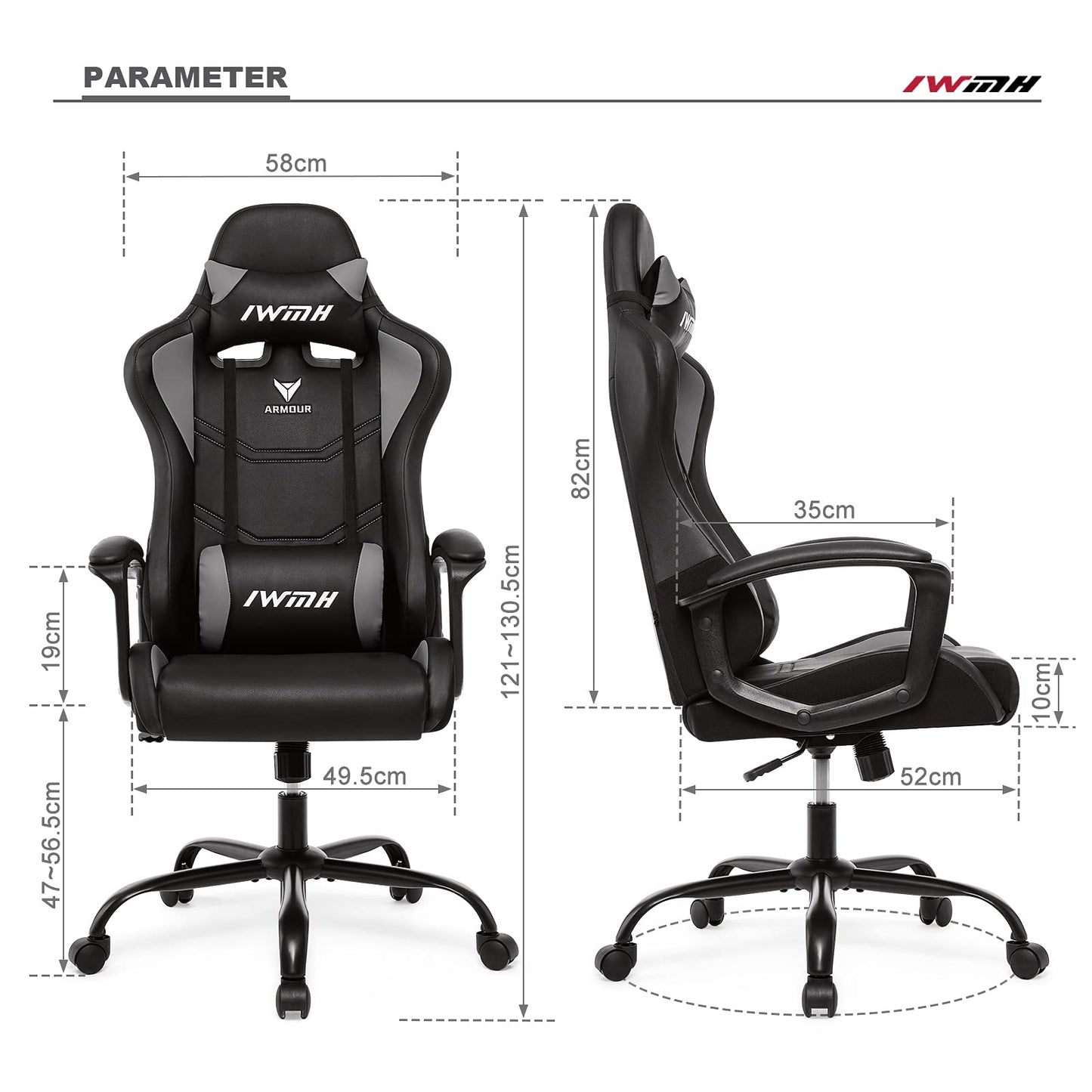 IWMH Gaming Chair, Ergonomic Computer Chair with High Backrest, Height Adjustable Swivel Chair, Racing Chair with Armrests, Adjustable Headrest and Lumbar Support (Gray)