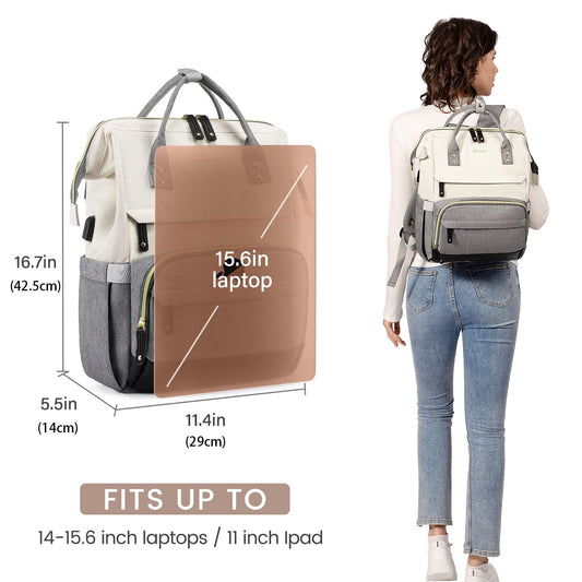 LOVEVOOK laptop backpack for women with 15.6 inch laptop compartment, suitable for girls, teenagers, and college students. This waterproof backpack is perfect for school, travel, university, business, and work in beige and gray.
