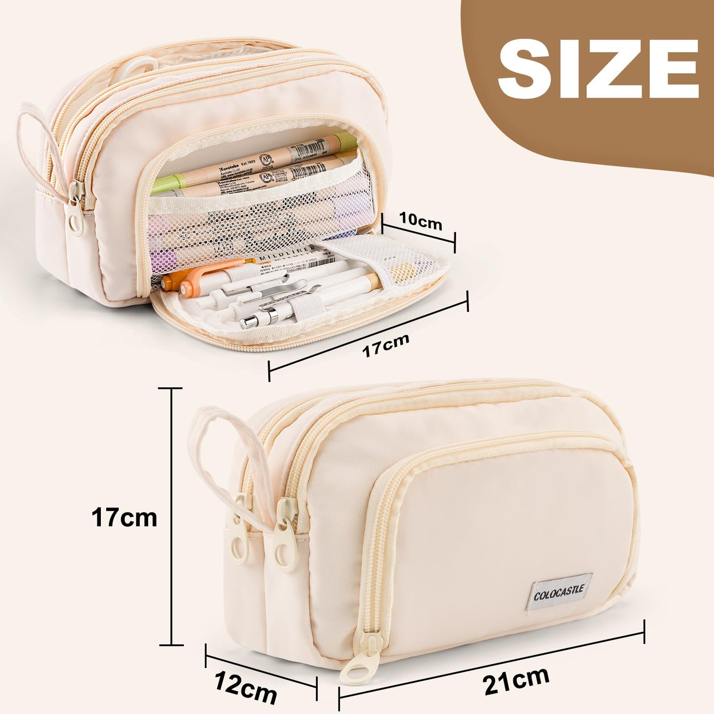 COLOCASTLE Pencil Case with 3 compartments, large capacity for girls, boys, teenagers, and adults. Ideal for school or office use, with a handle for easy carrying.
