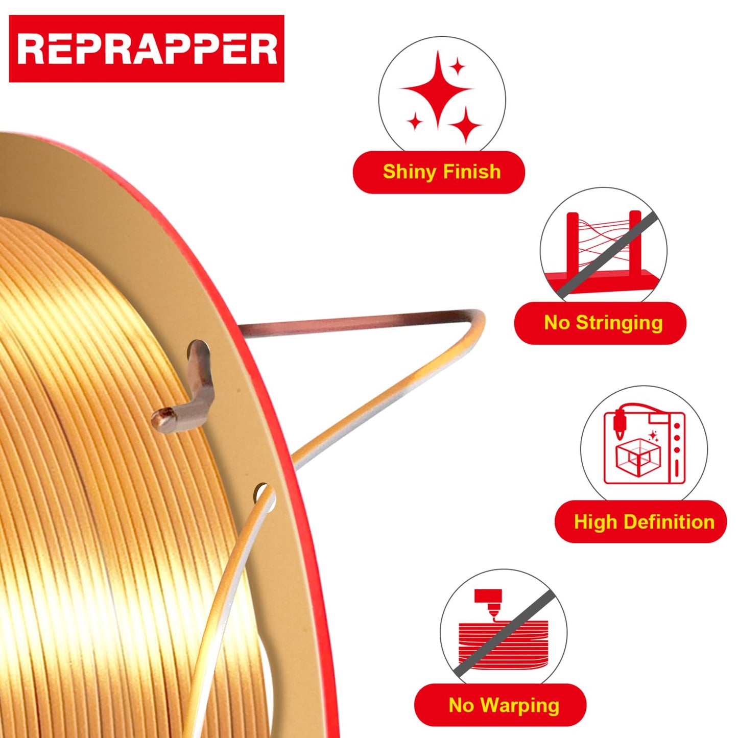 Reprapper Tri-color Silk PLA Filament 1.75mm - 1KG Silk-Look 3D Printer Filament, Shiny PLA Rainbow Swirl in Gold, Silver & Copper, Dimensional Accuracy ±0.03mm, No Tangling