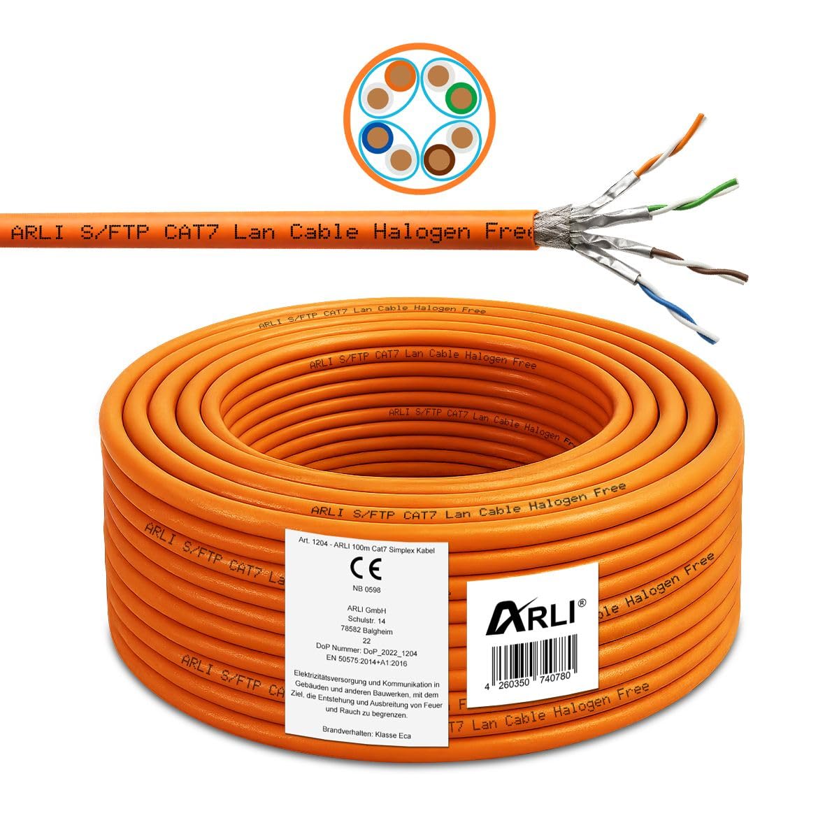 ARLI CAT 7 Ethernet Cable 100m Network Cable CAT.7 LAN Halogen-Free Installation Cable SFTP S/FTP CAT7 PIMF Cable Network Cabling Data Cable AWG23/1 Shielded Gigabit Copper Ethernet Class F 100m