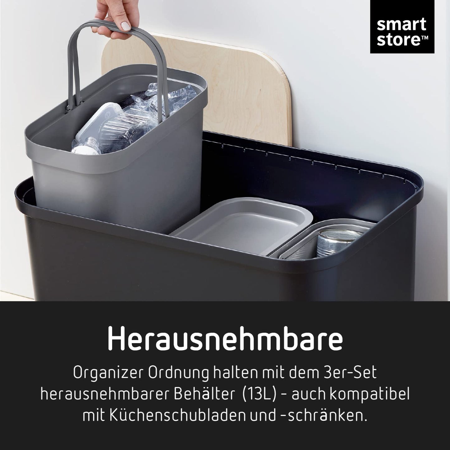 SmartStore Recycling Trash Can - 76L large kitchen bin with wooden lid, 3 x 13L bucket inserts, 2 x small lids - sturdy recycling bins for the kitchen - black kitchen bin (L x W x H) 57 x
