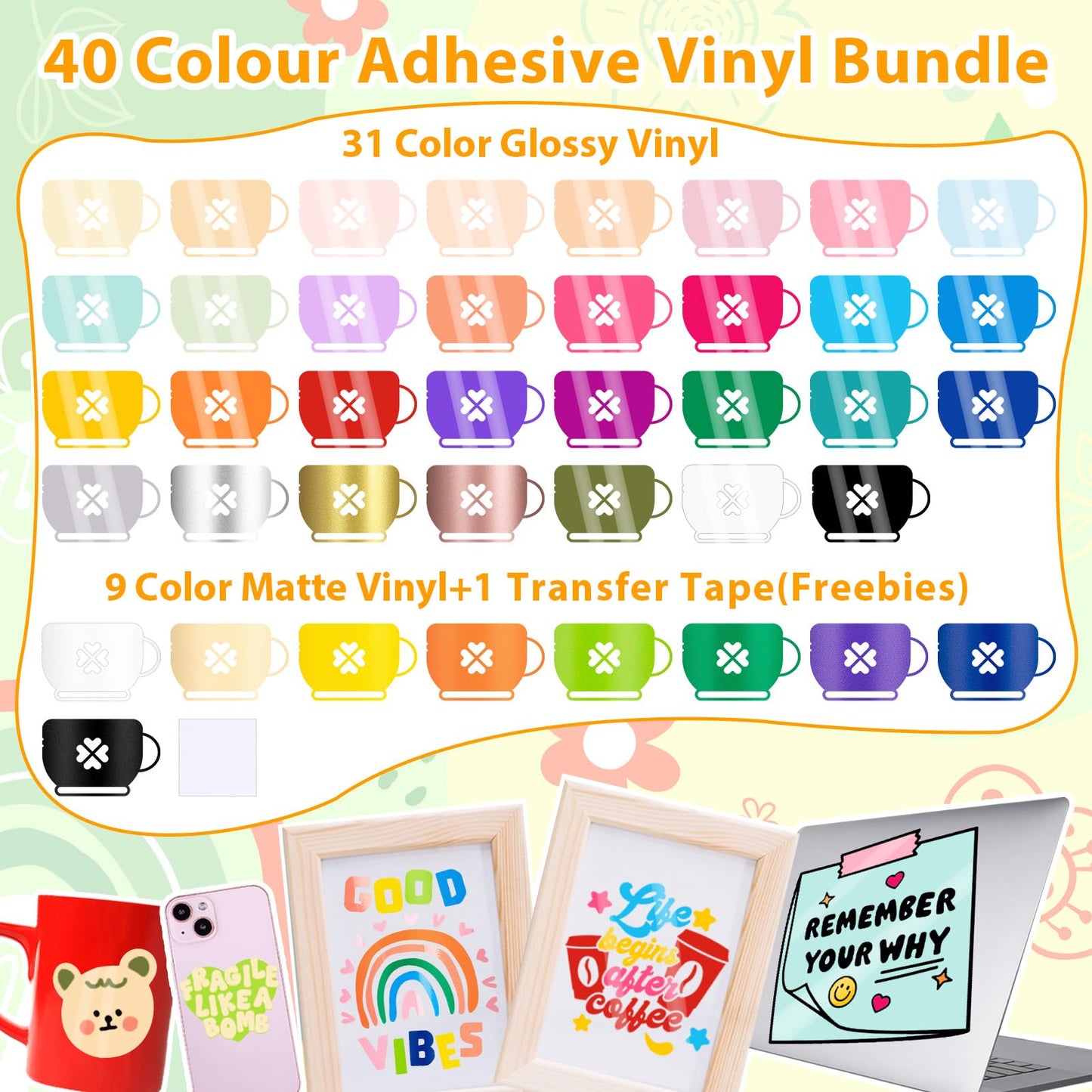 VINYL FROG Vinyl Film Plotter Bundle 40 Sheets Vinyl Cutter Plotter Film 12"x12" Self Adhesive Plotter Film for Party Decoration, Stickers, DIY Mugs
