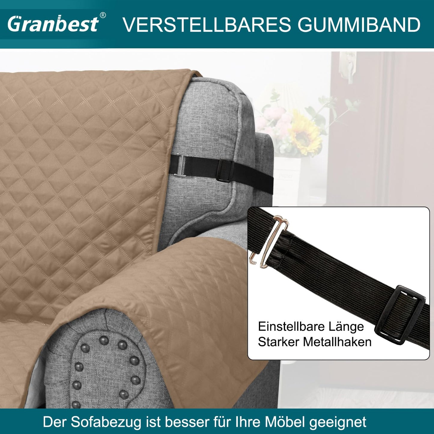 Granbest waterproof sofa cover 2 seater anti-slip couch cover with elastic straps, washable sofa protection for kids, pets, dogs, cats (2 seater, camel)