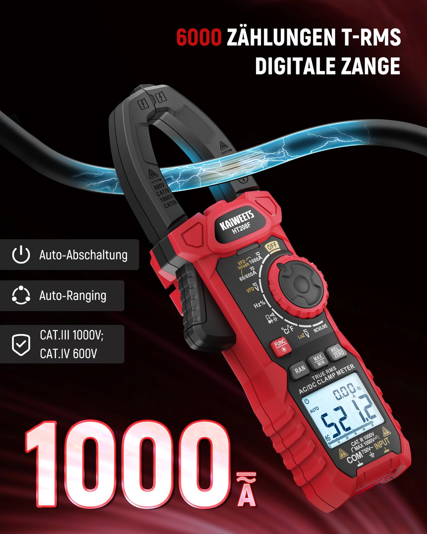 KAIWEETS 1000A AC/DC Current Clamp Meter, 6000 Count Current Measurement Clamp Meter, VFD and LoZ mode, Upgraded Black and White Screen, AC/DC, Resistance, Capacitance, Inrush Current Measurement