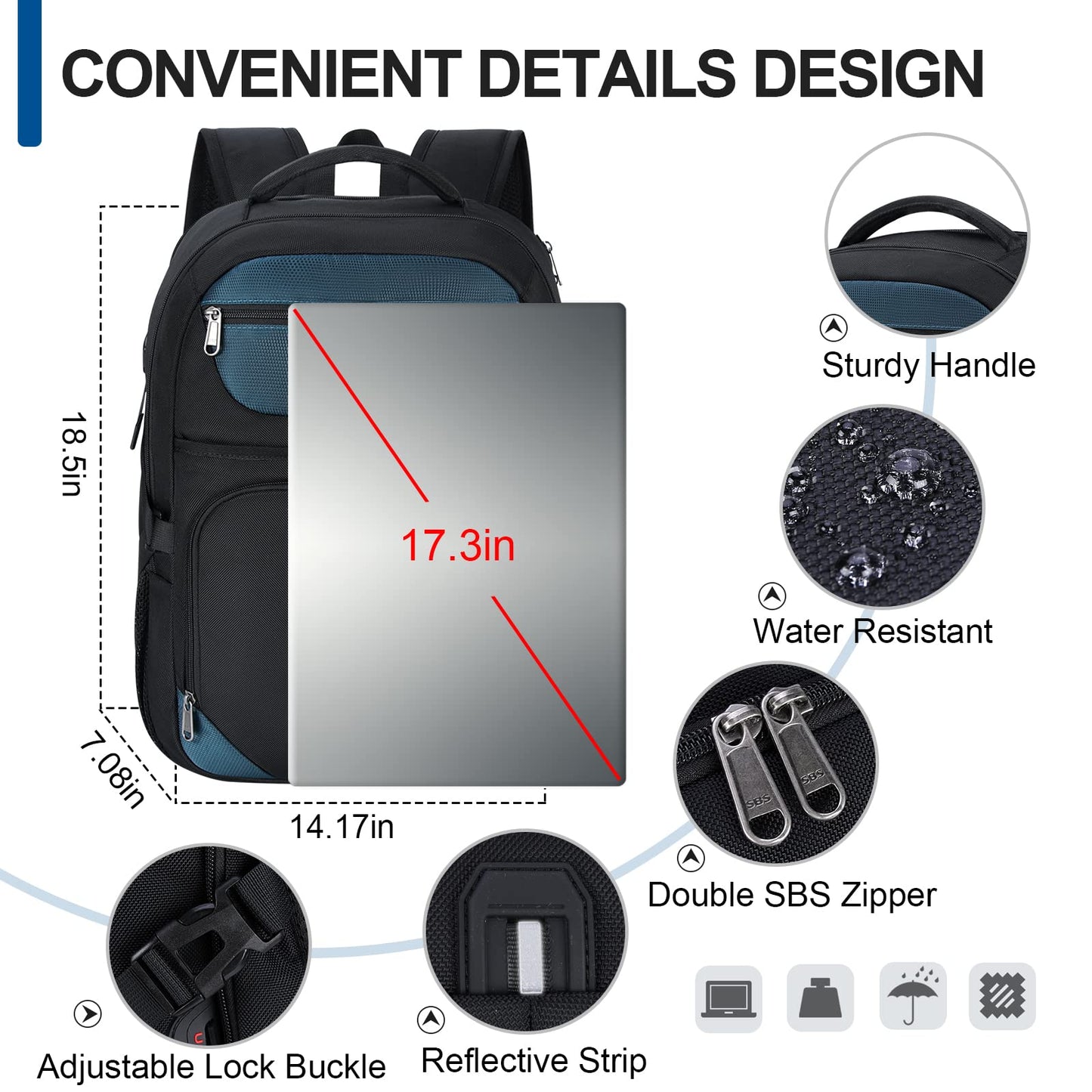 IGOLUMON backpack for men work large laptop backpack 17 inch with USB charging port waterproof school backpack boys teenagers multifunctional business notebook backpack women Blue