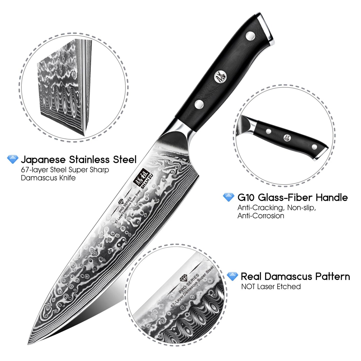 SHAN ZU Damascus Knife Chef Knife 67 Layers Damascus Steel Kitchen Knife with G10 Handle 20CM - PRO Series